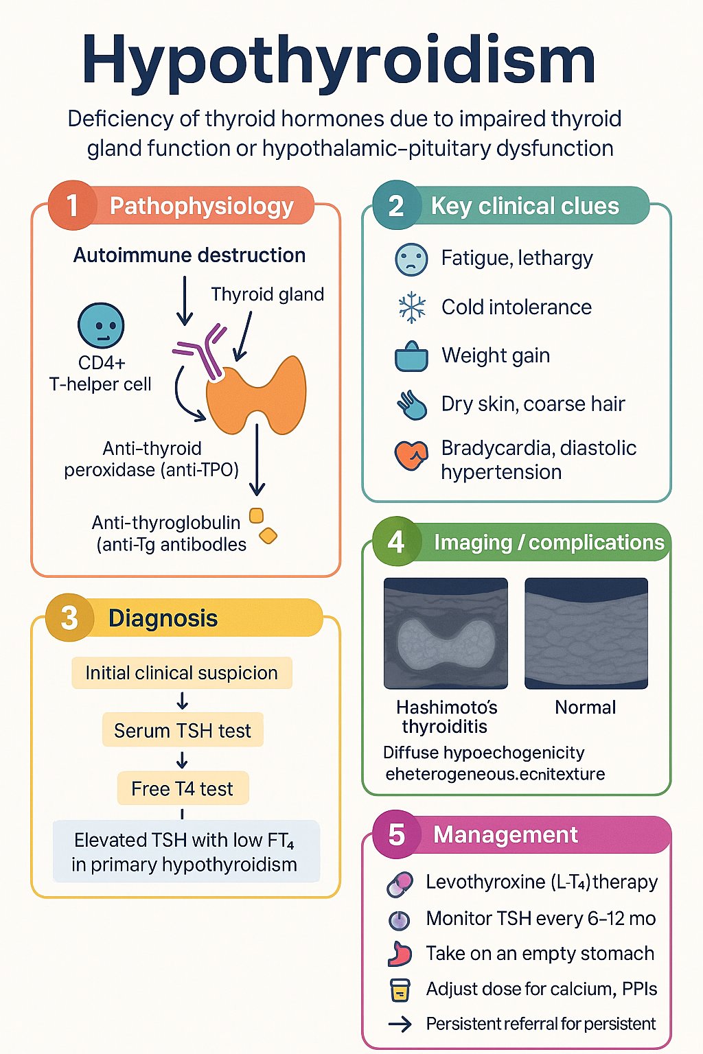 Hypothyroidism clinical infographic — pathophysiology, clinical clues, diagnosis, imaging, and management
