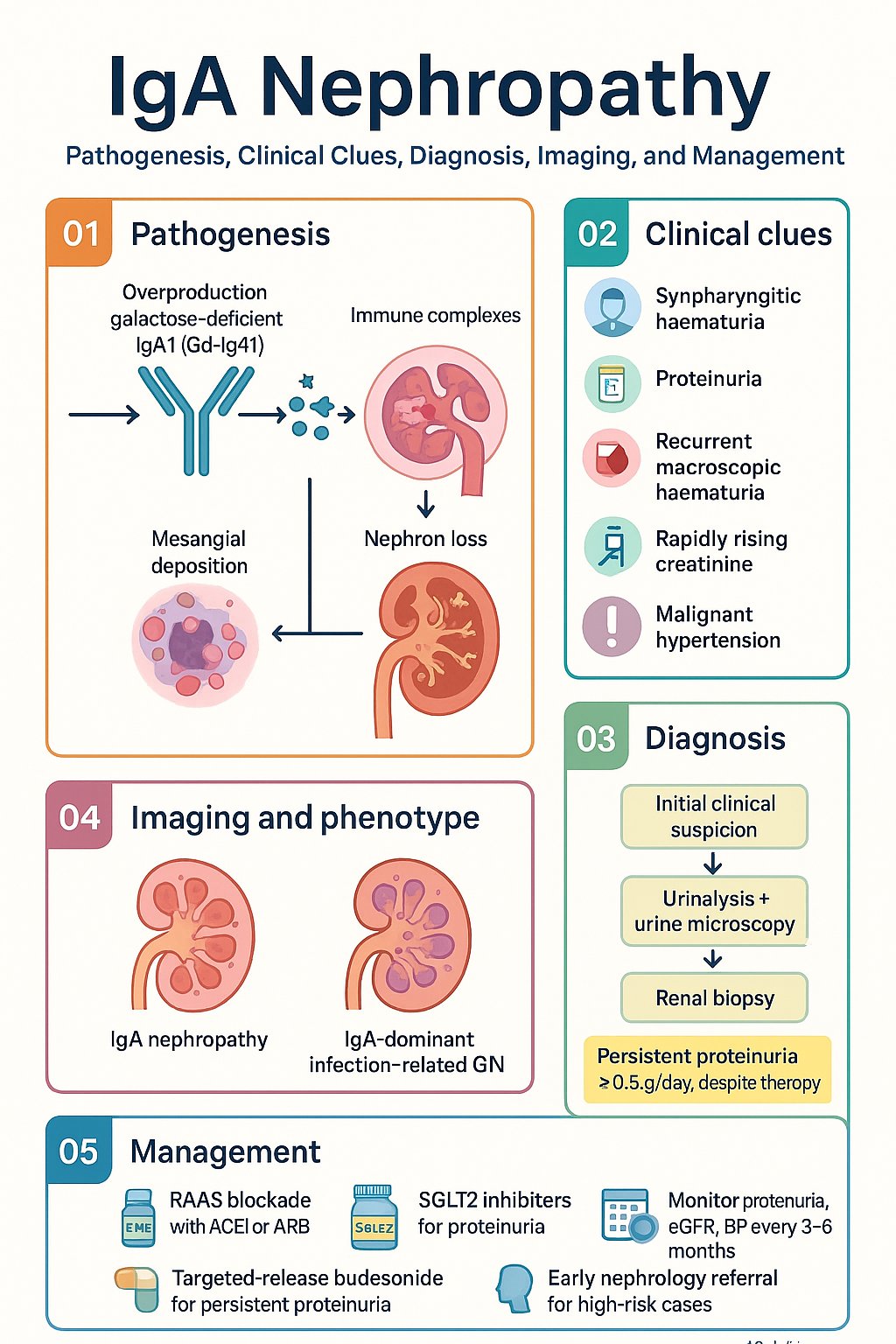 IgA Nephropathy clinical infographic — pathophysiology, clinical clues, diagnosis, imaging, and management