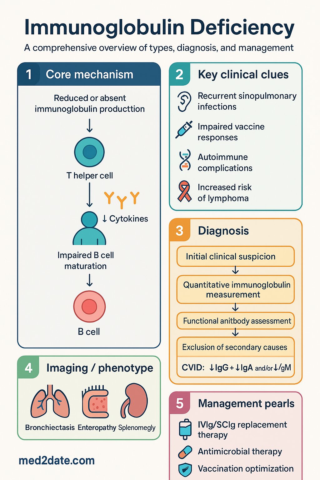 Immunoglobulin Deficiency clinical infographic — pathophysiology, clinical clues, diagnosis, imaging, and management