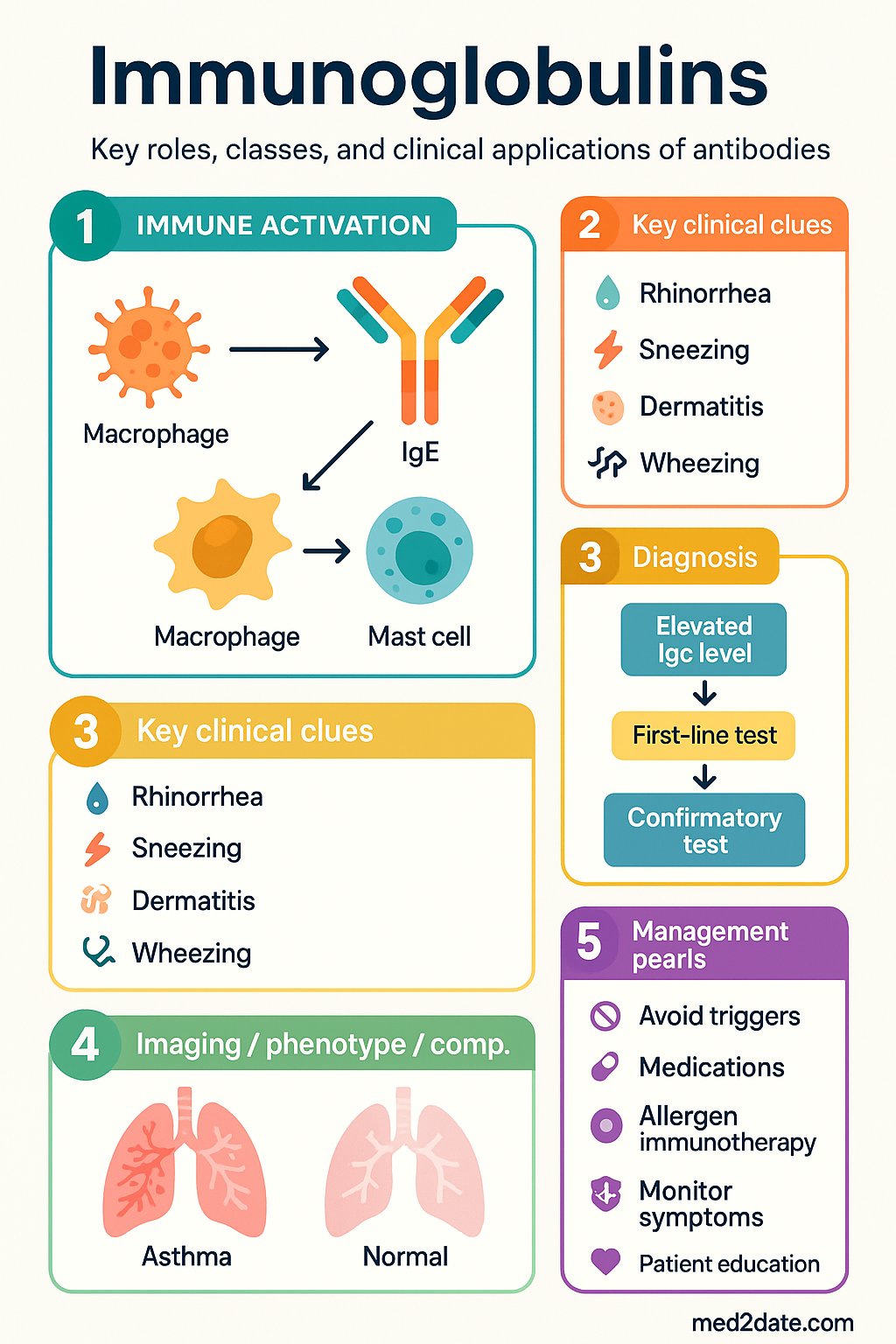 Immunoglobulins clinical infographic — pathophysiology, clinical clues, diagnosis, imaging, and management