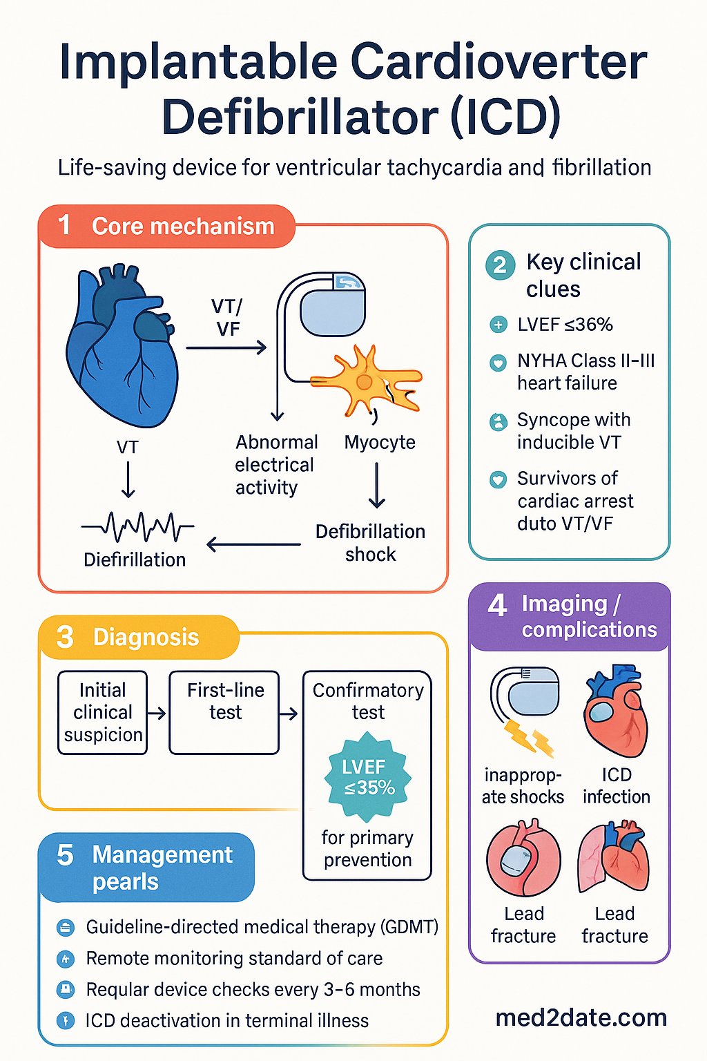 Implantable Cardioverter Defibrillator (ICD) clinical infographic — pathophysiology, clinical clues, diagnosis, imaging, and management