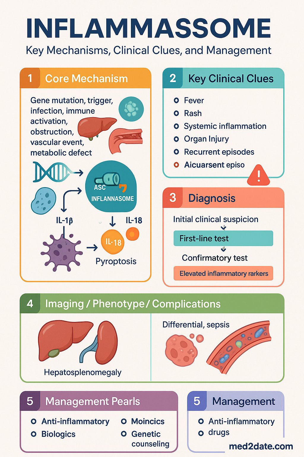 Inflammasome clinical infographic — pathophysiology, clinical clues, diagnosis, imaging, and management