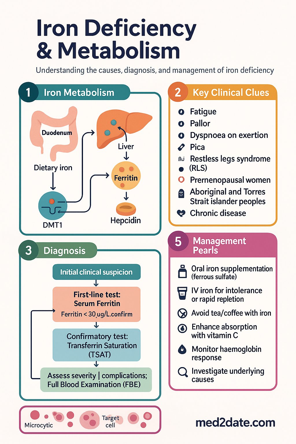 Iron Deficiency & Metabolism clinical infographic — pathophysiology, clinical clues, diagnosis, imaging, and management
