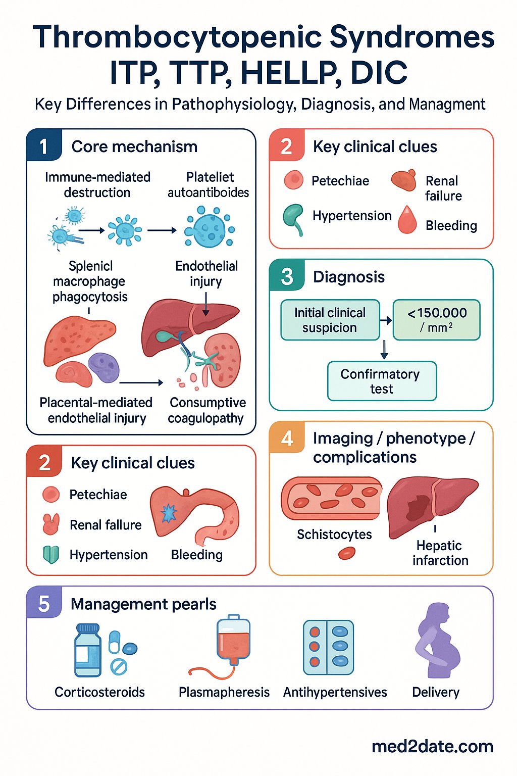 ITP TTP HELLP DIC - Comparison clinical infographic — pathophysiology, clinical clues, diagnosis, imaging, and management
