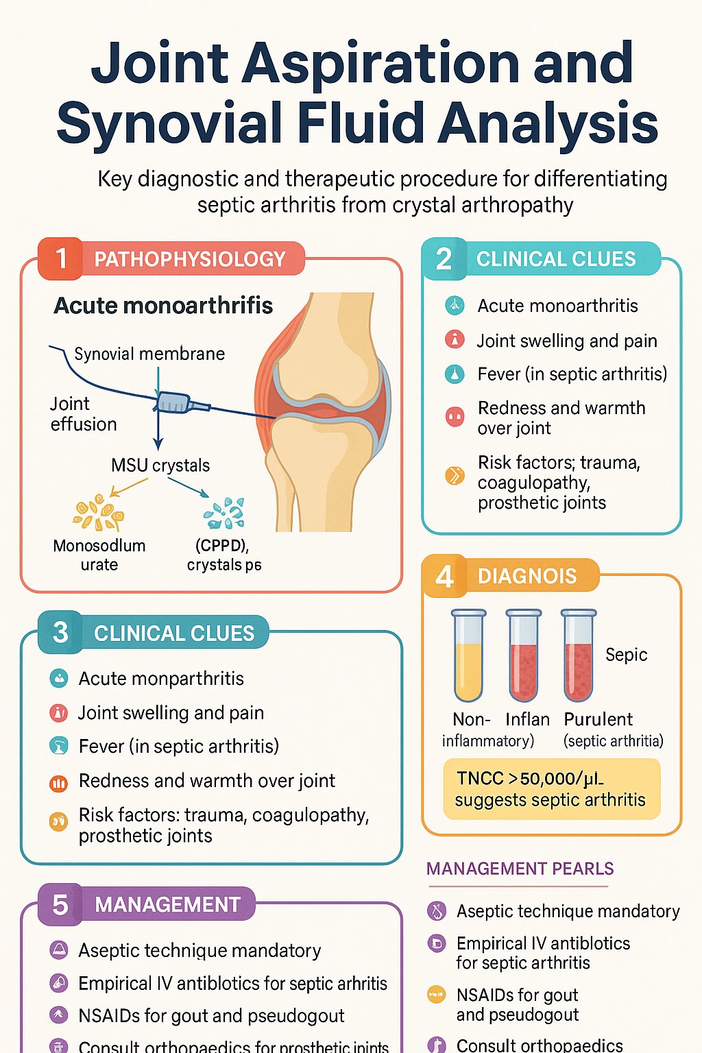 Joint Aspiration and Synovial Fluid Analysis clinical infographic — pathophysiology, clinical clues, diagnosis, imaging, and management
