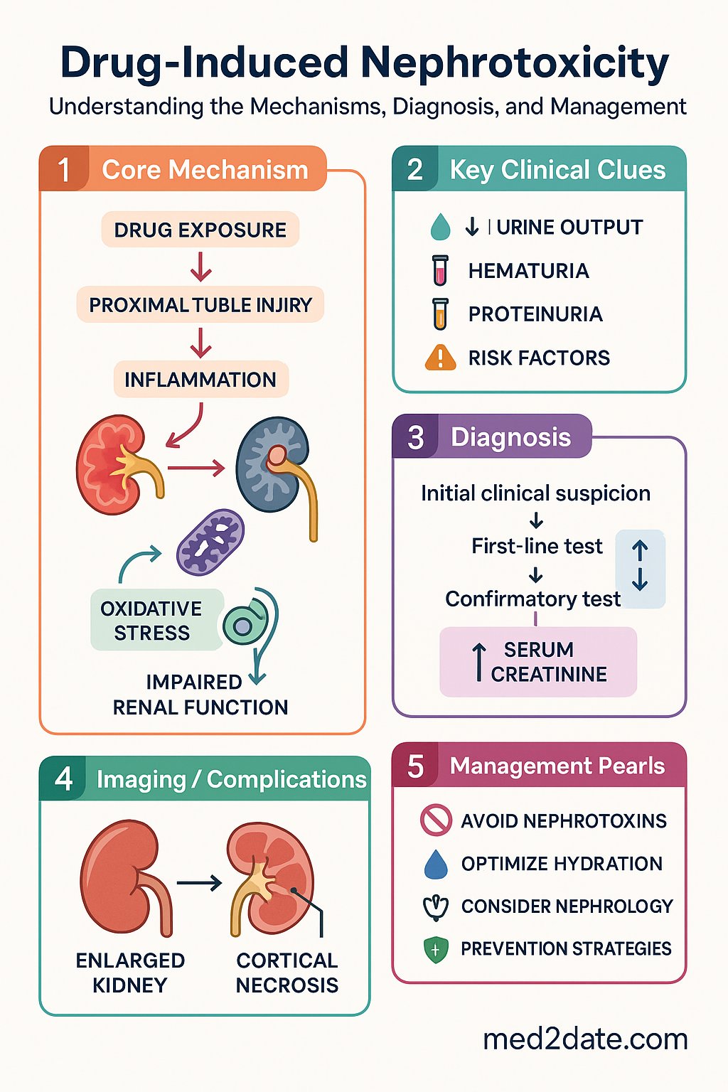 Kidney and Drugs / Nephrotoxicity clinical infographic — pathophysiology, clinical clues, diagnosis, imaging, and management