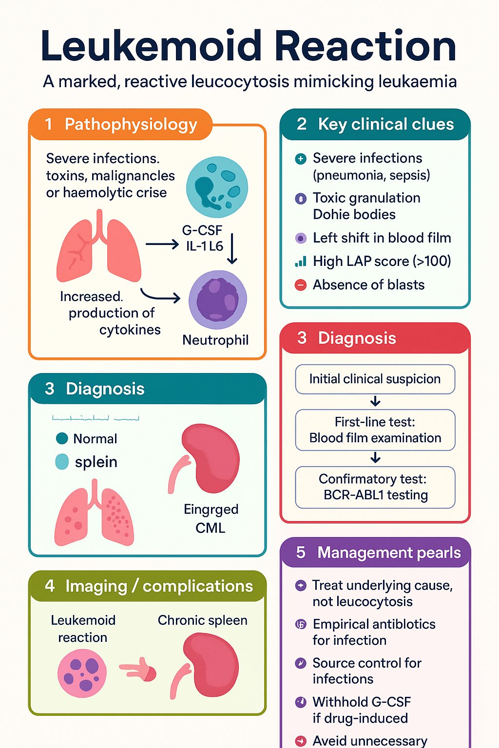 Leukemoid Reaction clinical infographic — pathophysiology, clinical clues, diagnosis, imaging, and management