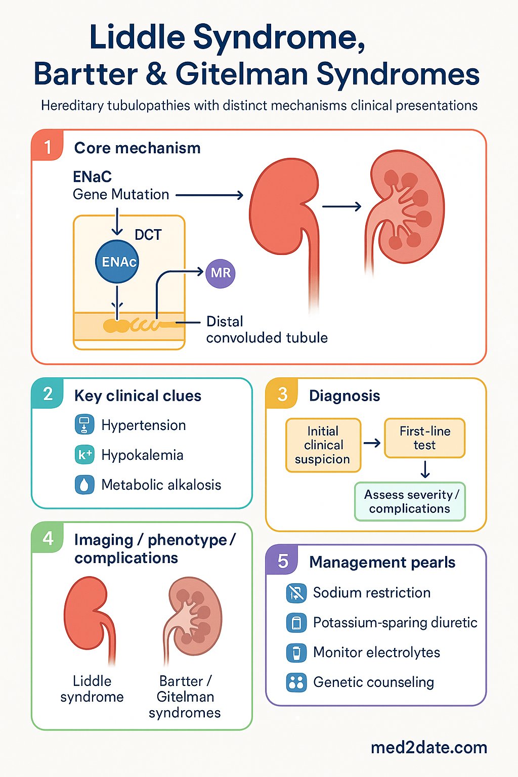 Liddle Syndrome, Bartter & Gitelman Syndromes clinical infographic — pathophysiology, clinical clues, diagnosis, imaging, and management