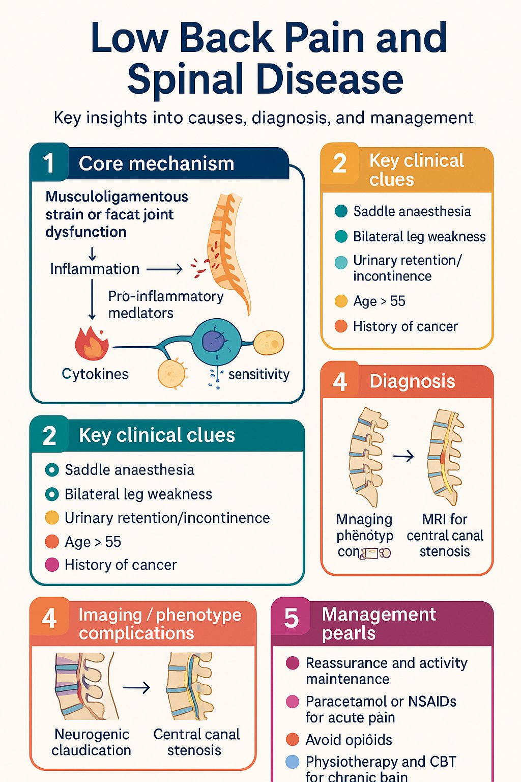 Low Back Pain and Spinal Disease clinical infographic — pathophysiology, clinical clues, diagnosis, imaging, and management
