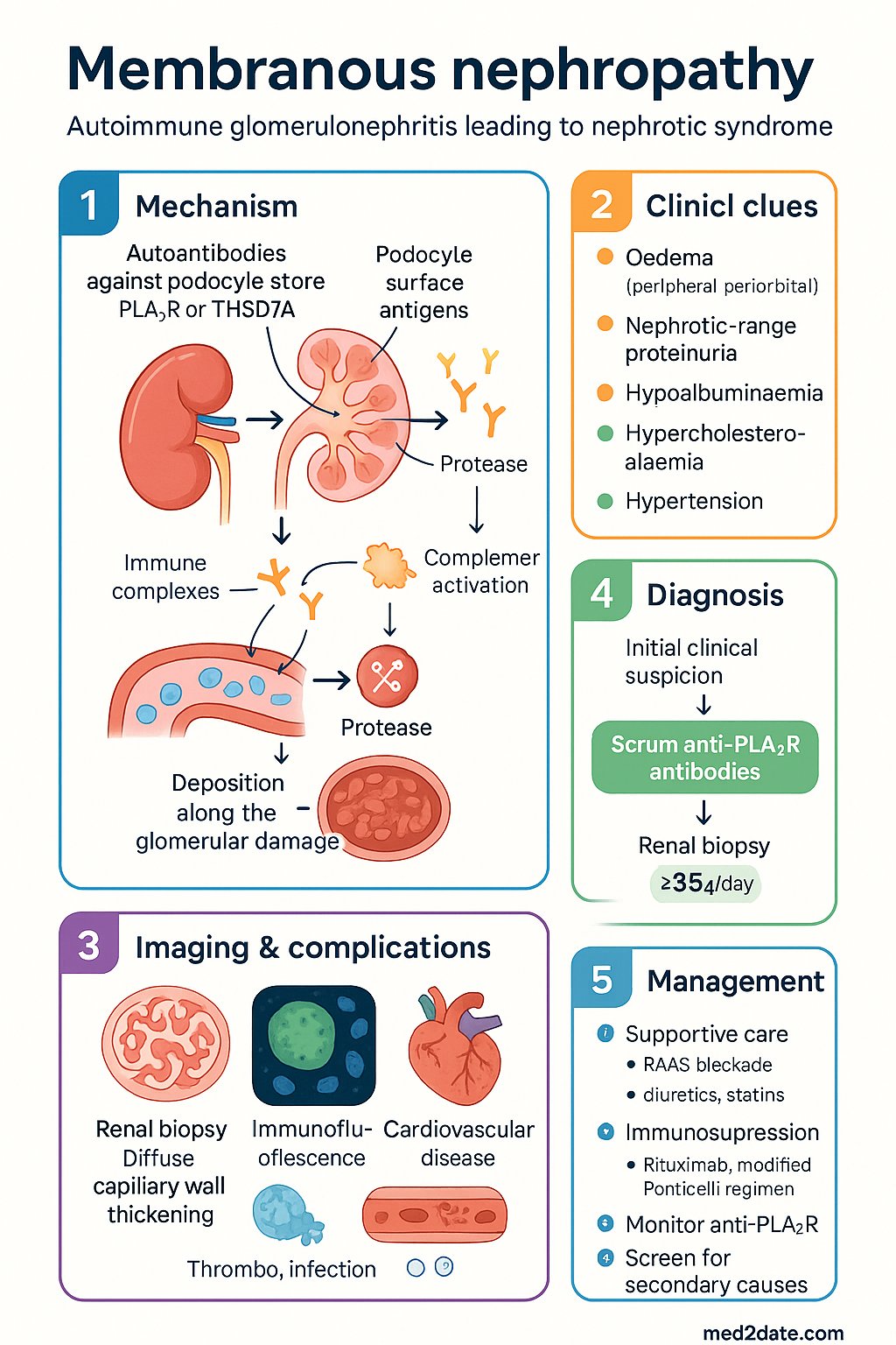 Membranous Nephropathy clinical infographic — pathophysiology, clinical clues, diagnosis, imaging, and management