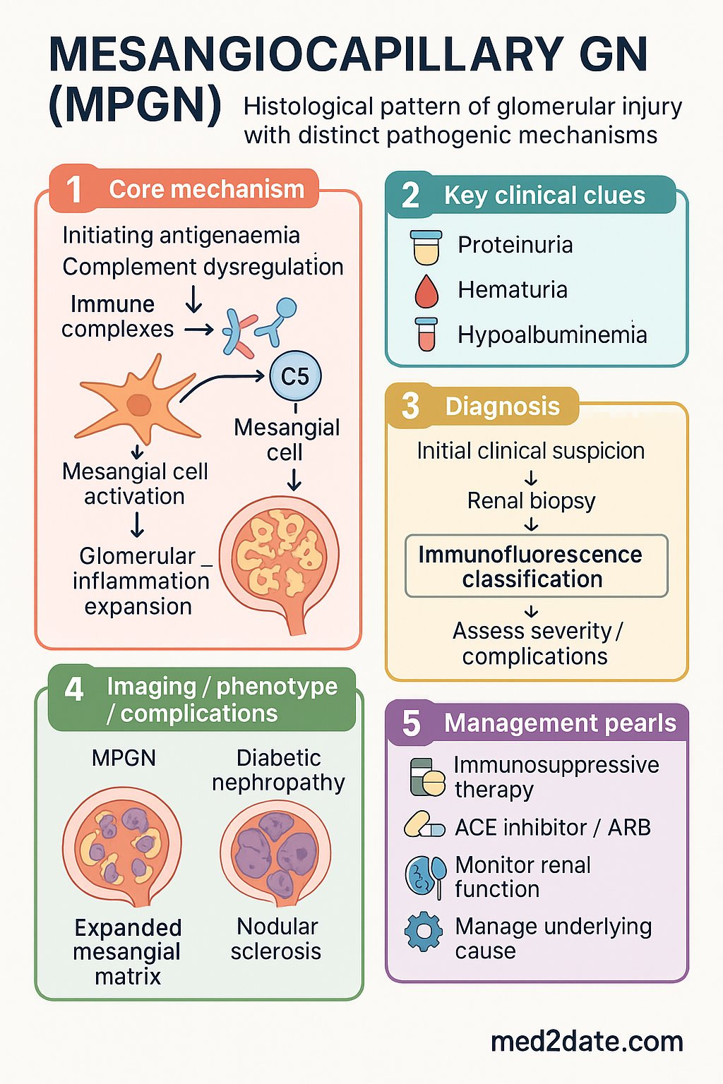 Mesangiocapillary GN (MPGN) clinical infographic — pathophysiology, clinical clues, diagnosis, imaging, and management