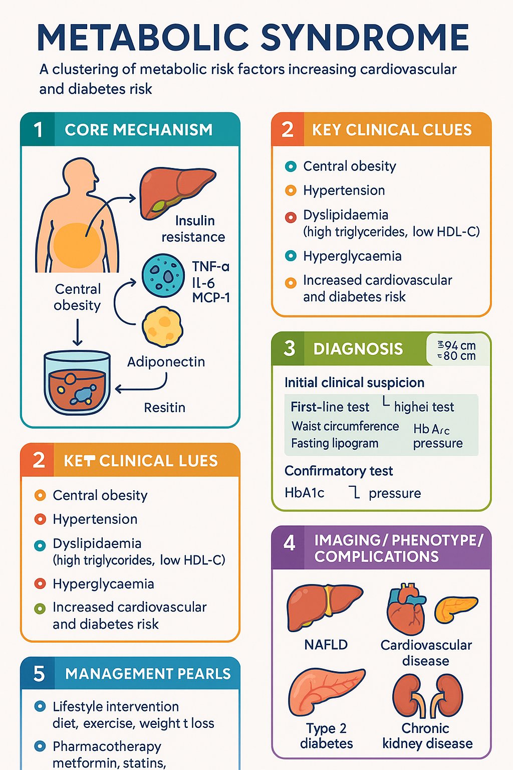 Metabolic Syndrome clinical infographic — pathophysiology, clinical clues, diagnosis, imaging, and management