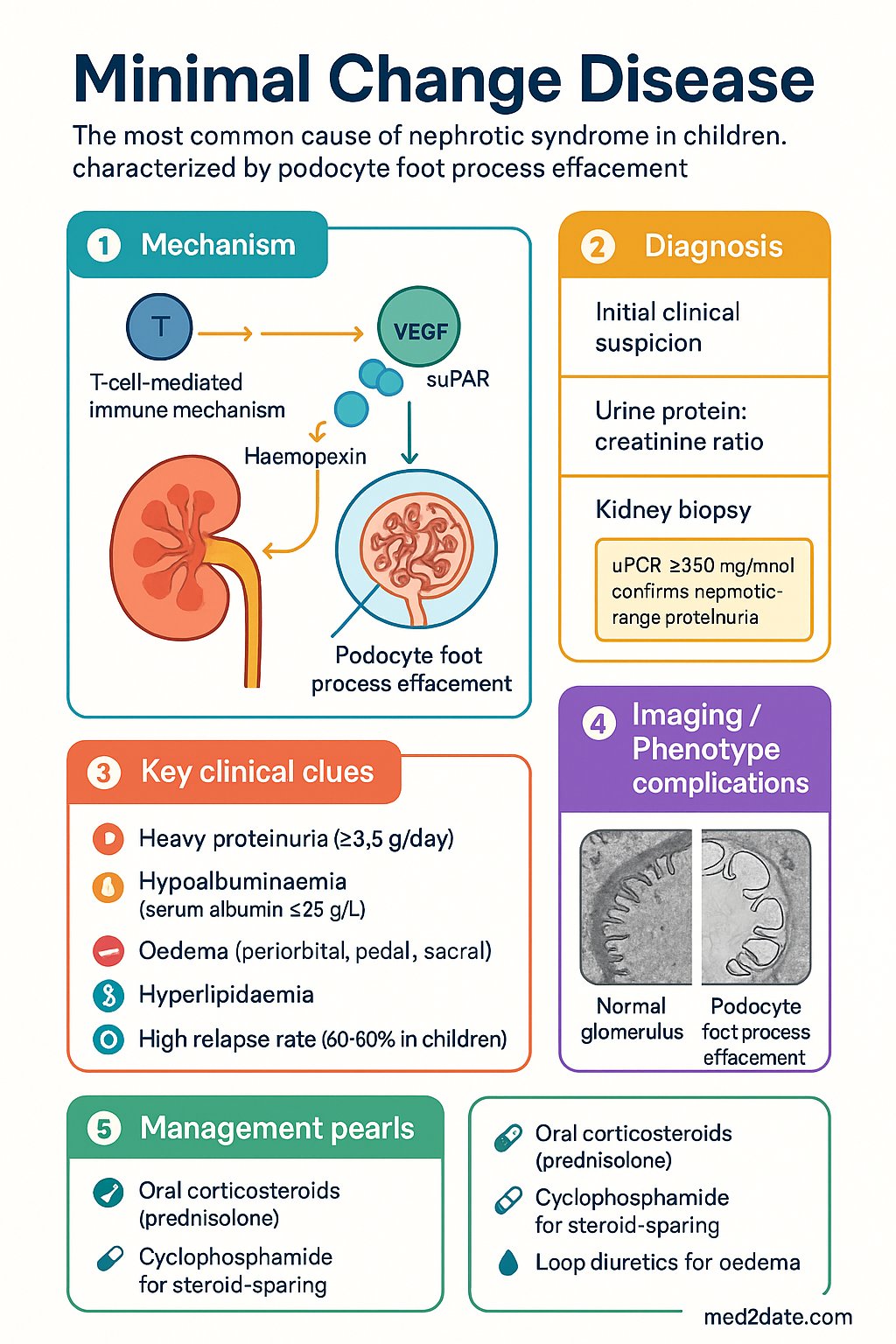 Minimal Change Disease clinical infographic — pathophysiology, clinical clues, diagnosis, imaging, and management