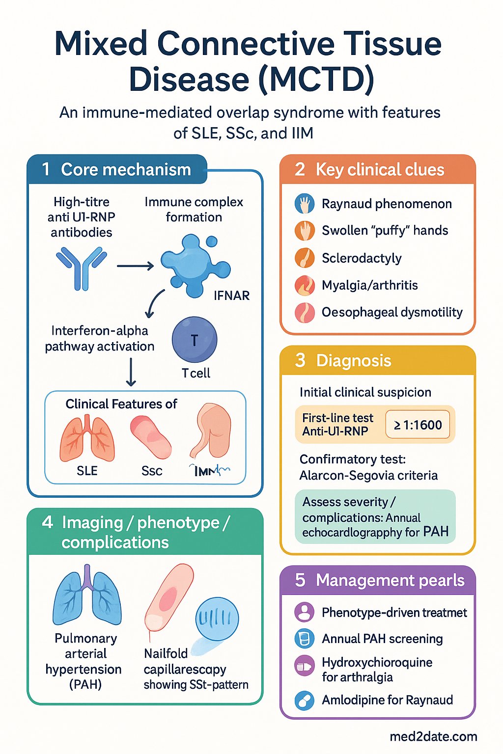 Mixed Connective Tissue Disease clinical infographic — pathophysiology, clinical clues, diagnosis, imaging, and management