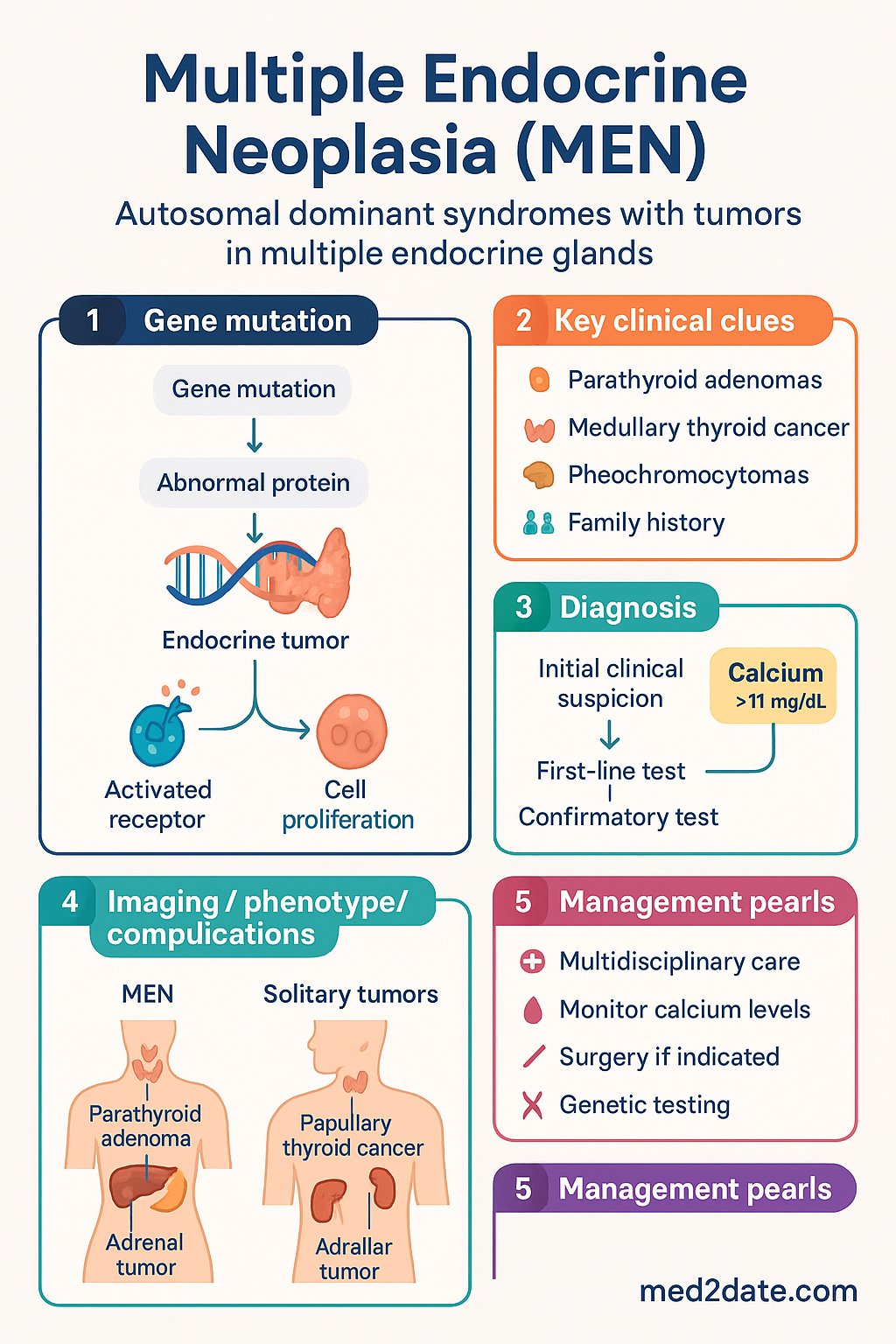 Multiple Endocrine Neoplasia (MEN) clinical infographic — pathophysiology, clinical clues, diagnosis, imaging, and management