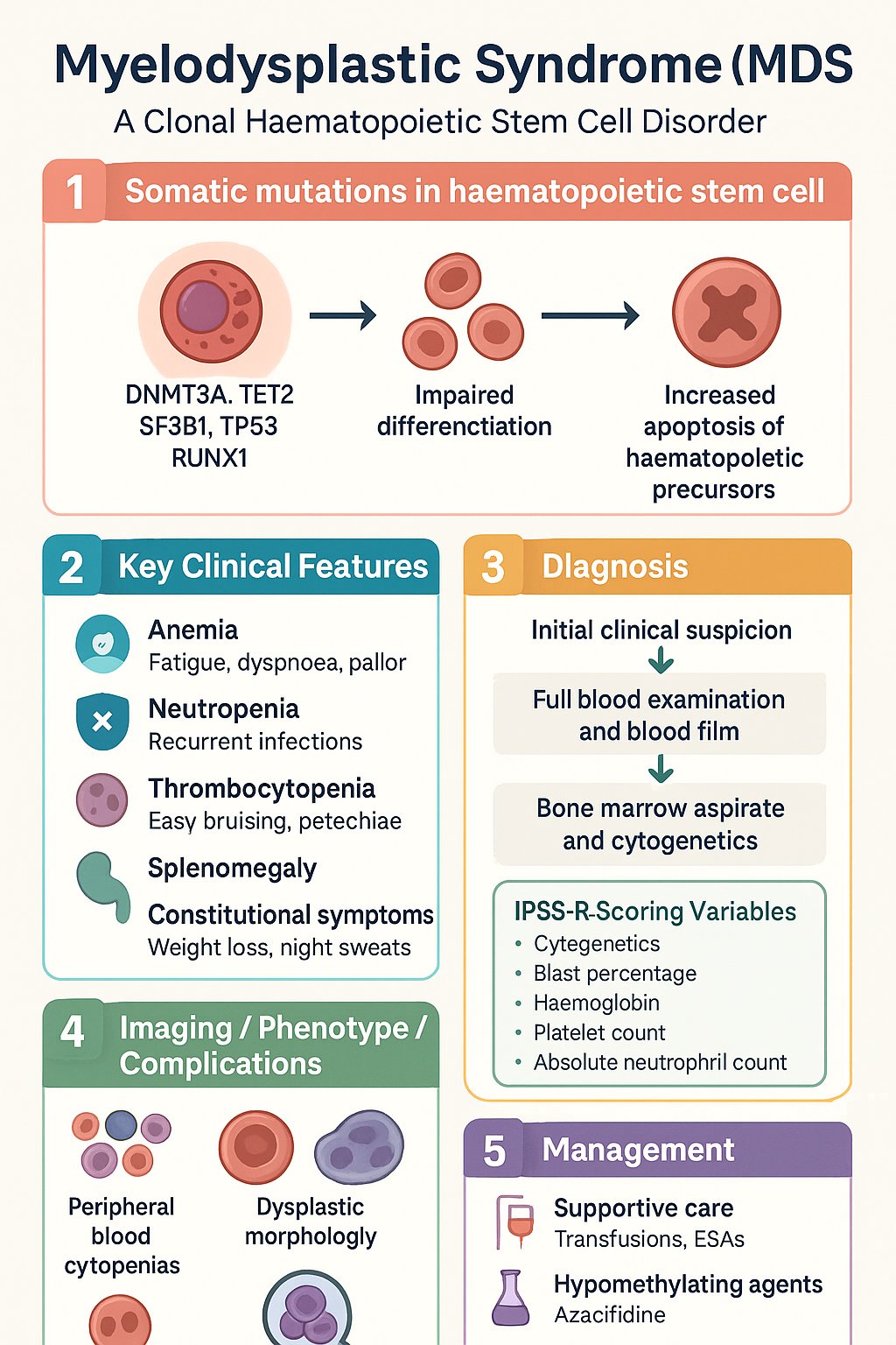Myelodysplastic Syndrome (MDS) clinical infographic — pathophysiology, clinical clues, diagnosis, imaging, and management
