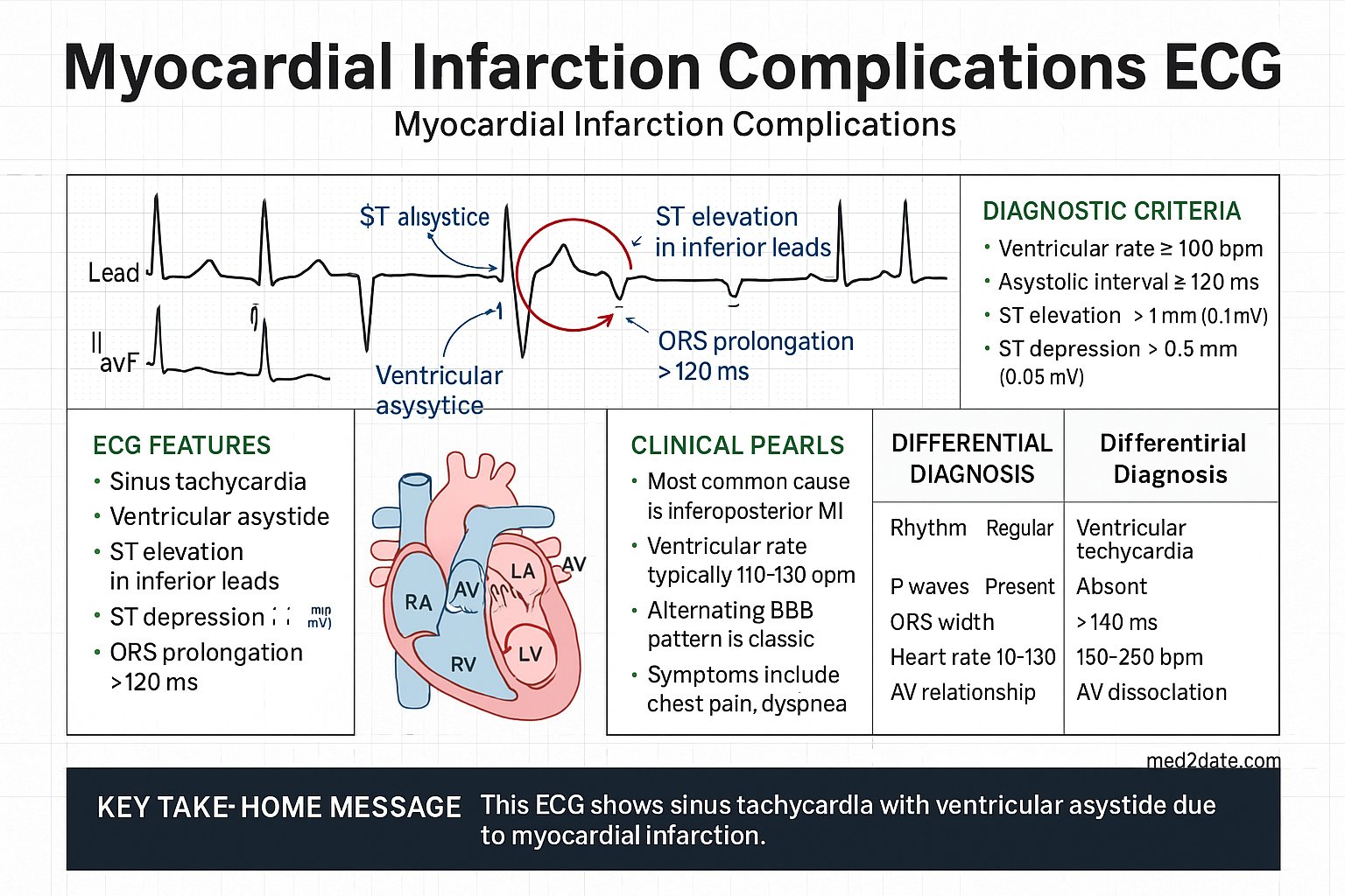 Myocardial Infarction Complications ECG infographic — ECG features, diagnostic criteria, mechanism, clinical pearls, differential diagnosis, and key take-home message