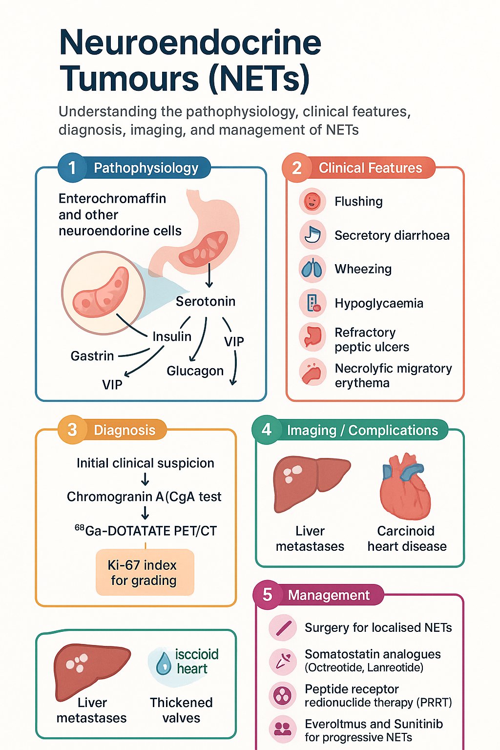 Neuroendocrine Tumours (NETs) clinical infographic — pathophysiology, clinical clues, diagnosis, imaging, and management