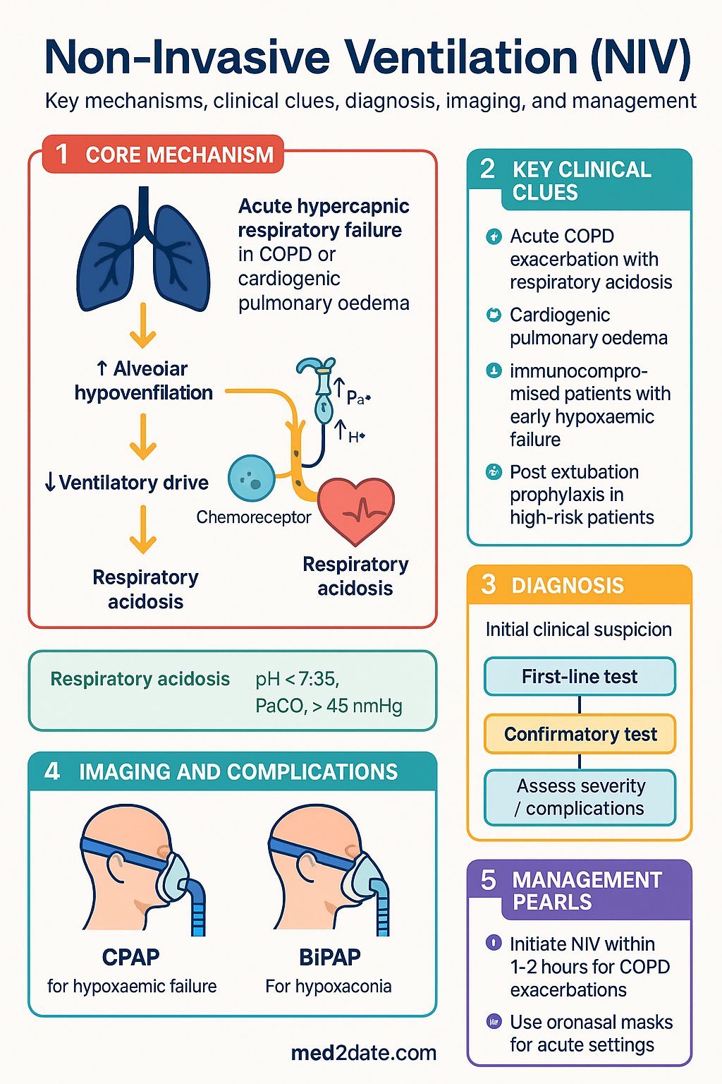 Non-Invasive Ventilation (NIV) clinical infographic — pathophysiology, clinical clues, diagnosis, imaging, and management