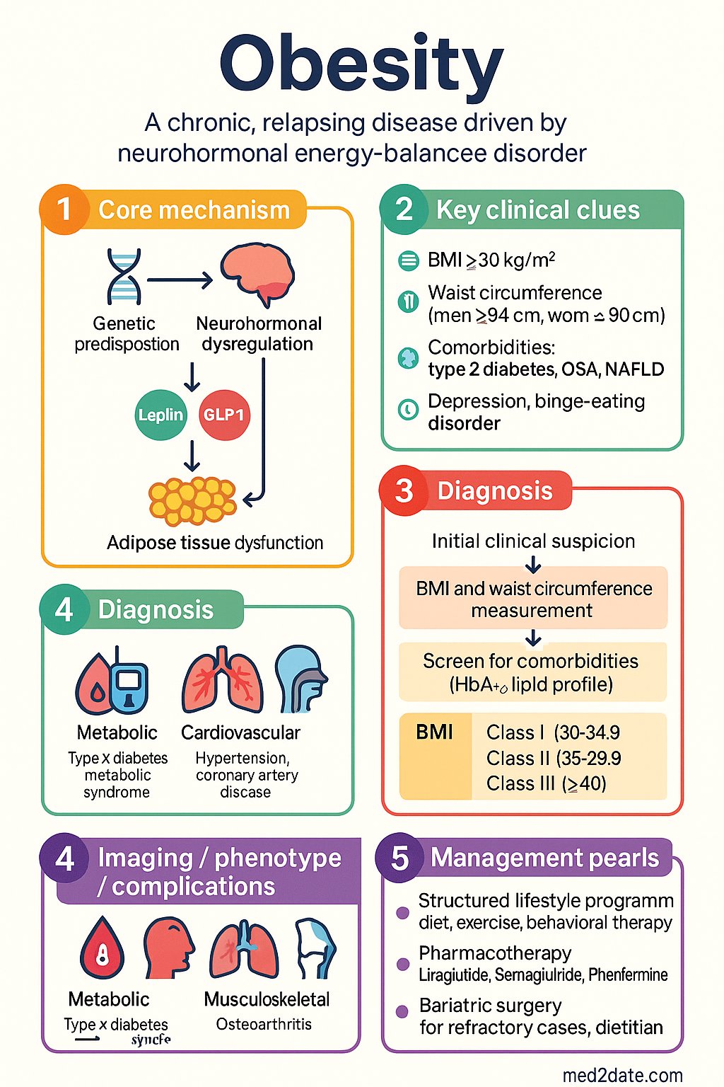 Obesity clinical infographic — pathophysiology, clinical clues, diagnosis, imaging, and management