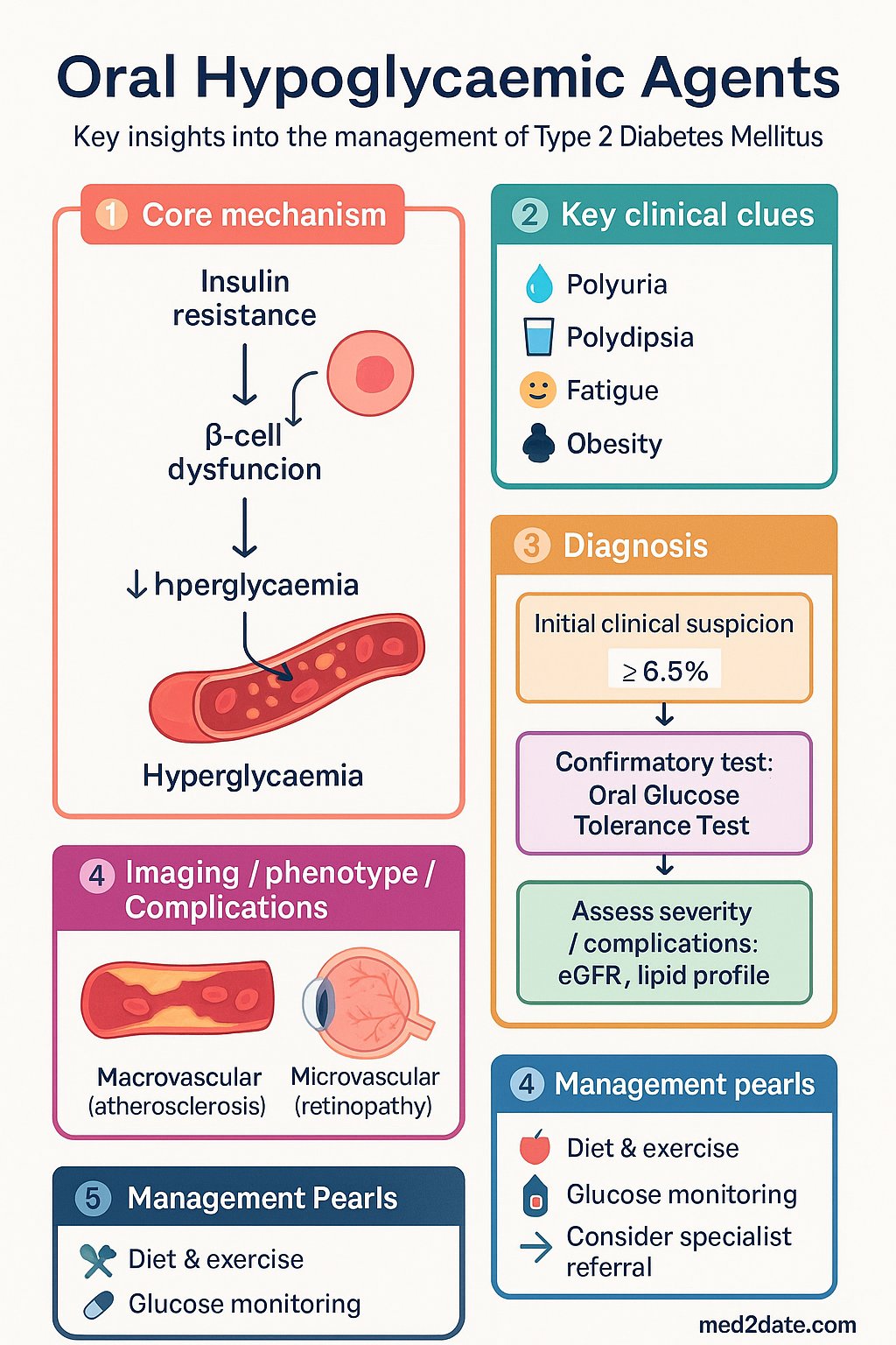 Oral Hypoglycaemic Agents clinical infographic — pathophysiology, clinical clues, diagnosis, imaging, and management