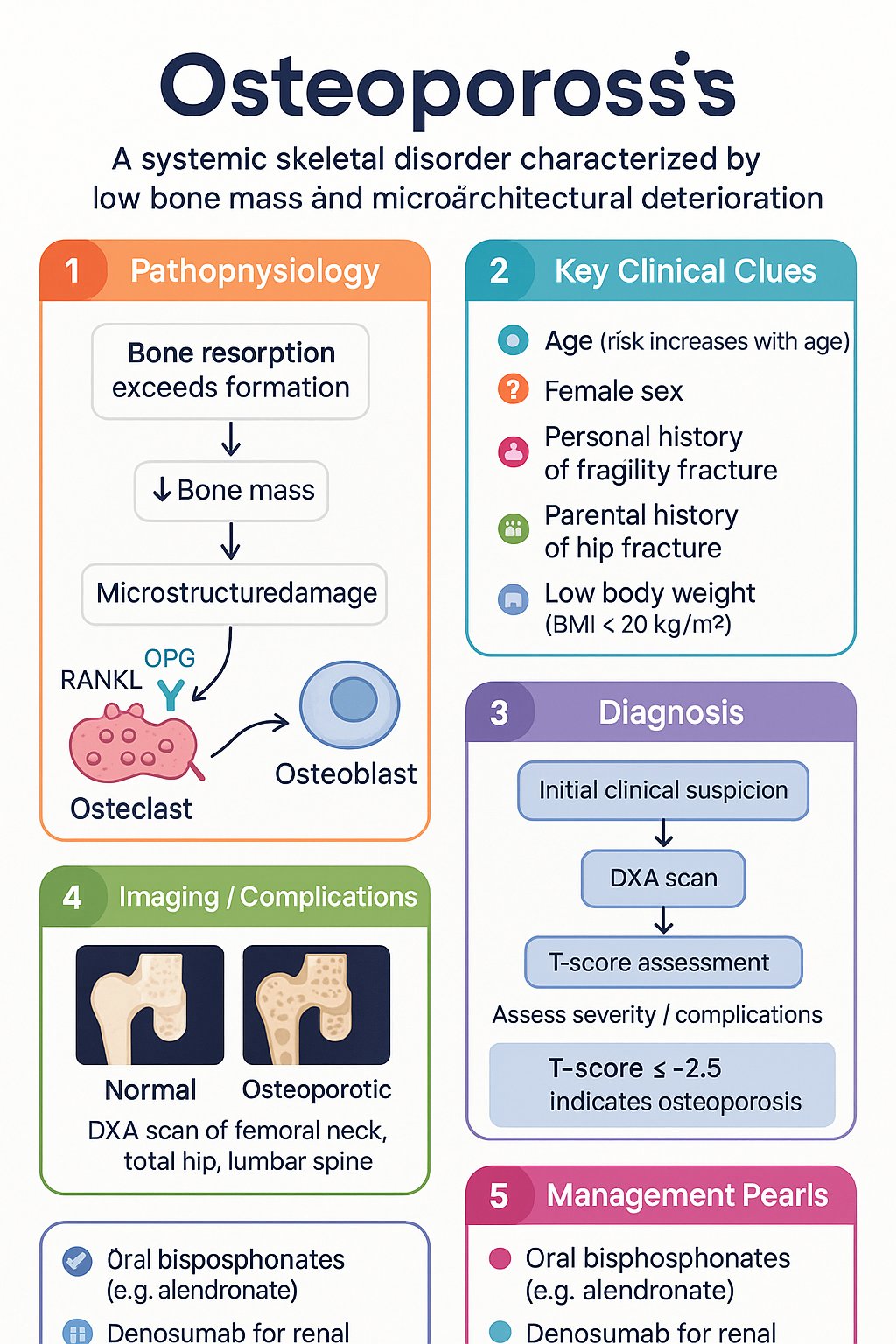 Osteoporosis clinical infographic — pathophysiology, clinical clues, diagnosis, imaging, and management
