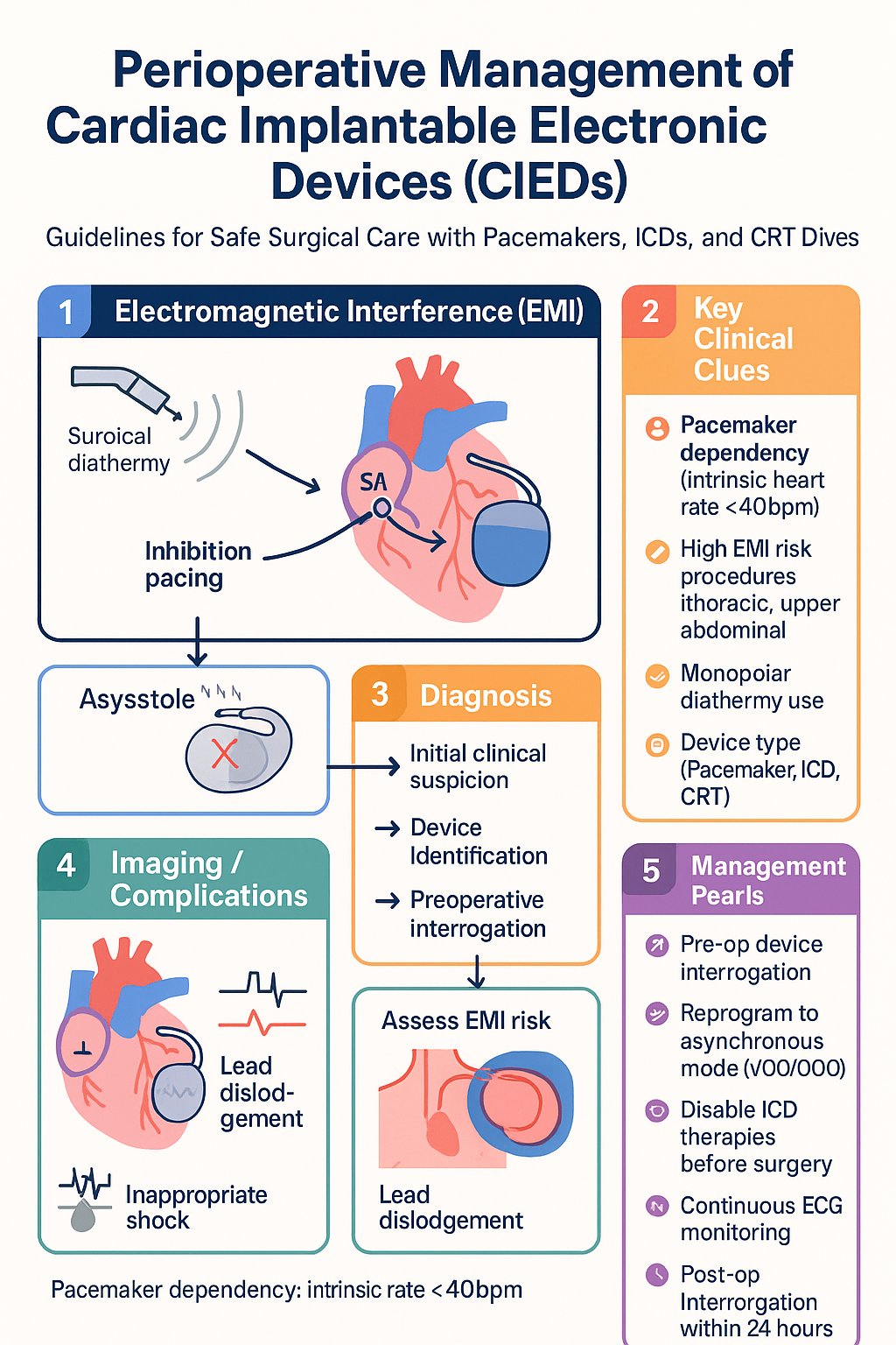 Pacing & Surgery clinical infographic — pathophysiology, clinical clues, diagnosis, imaging, and management