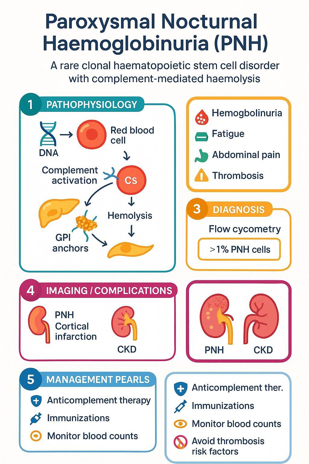 Paroxysmal Nocturnal Haemoglobinuria (PNH) clinical infographic — pathophysiology, clinical clues, diagnosis, imaging, and management