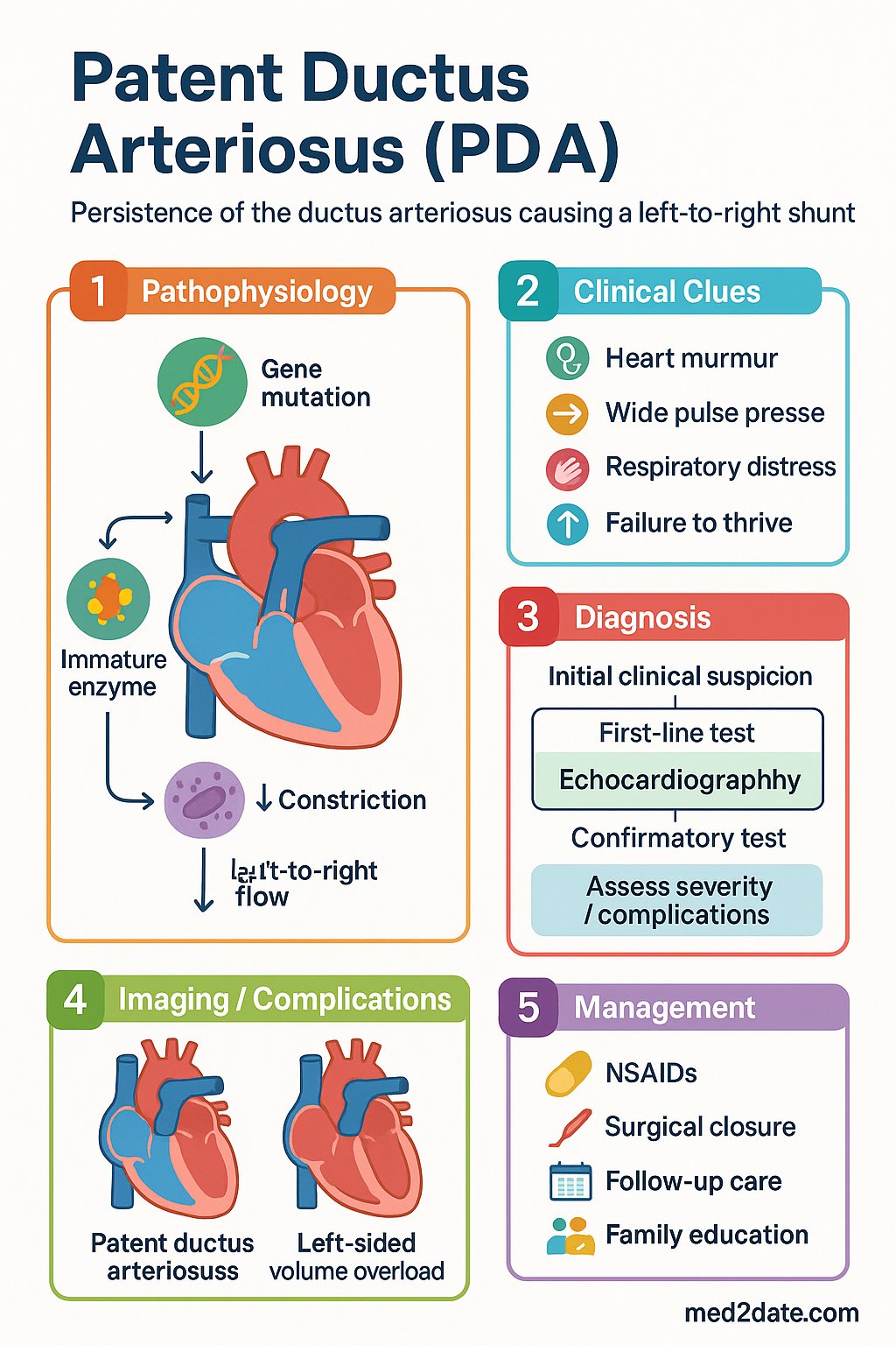 Patent Ductus Arteriosus (PDA) clinical infographic — pathophysiology, clinical clues, diagnosis, imaging, and management