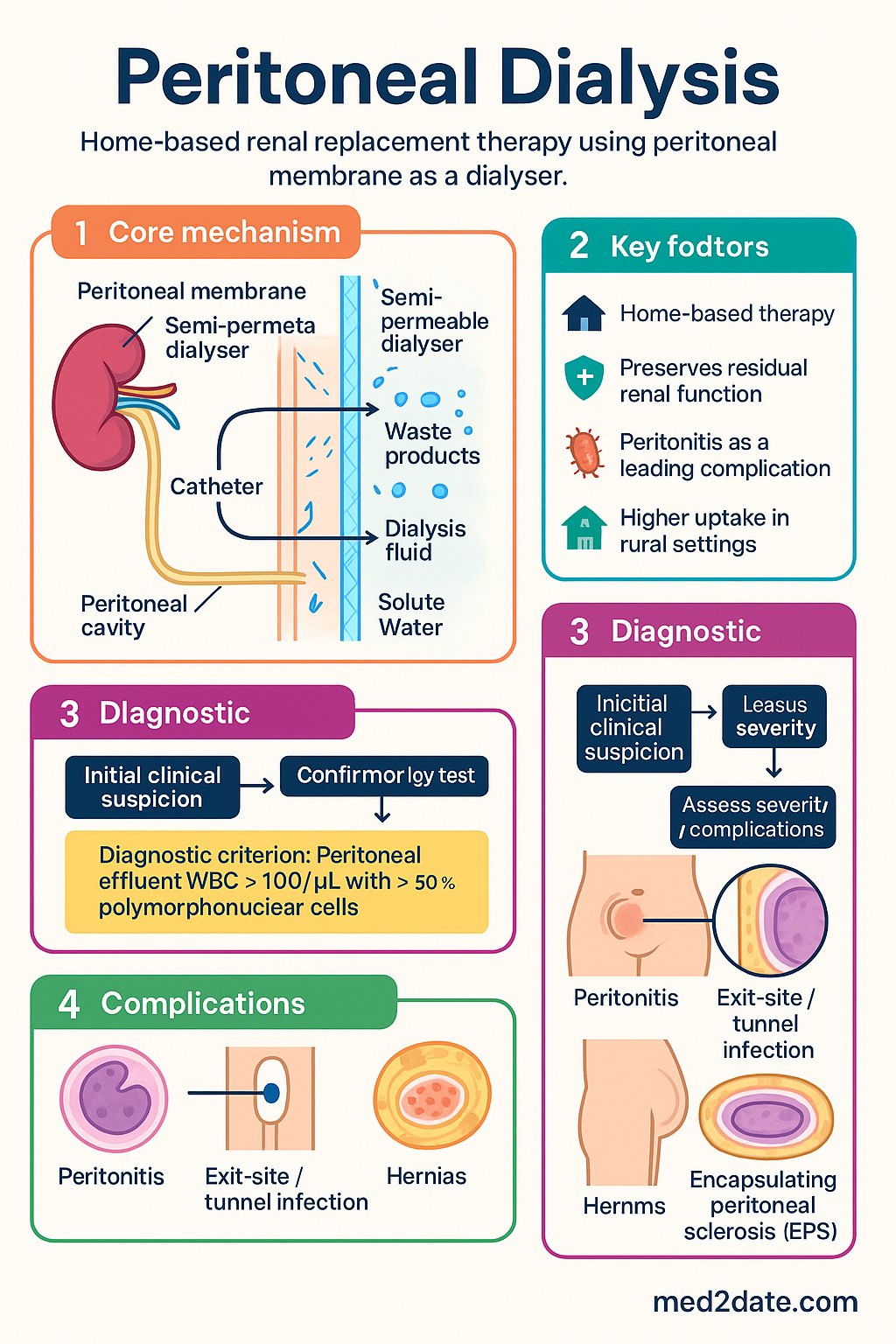 Peritoneal Dialysis clinical infographic — pathophysiology, clinical clues, diagnosis, imaging, and management