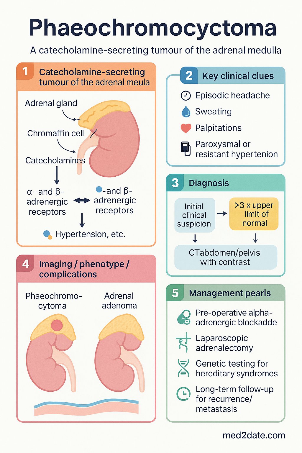 Phaeochromocytoma clinical infographic — pathophysiology, clinical clues, diagnosis, imaging, and management