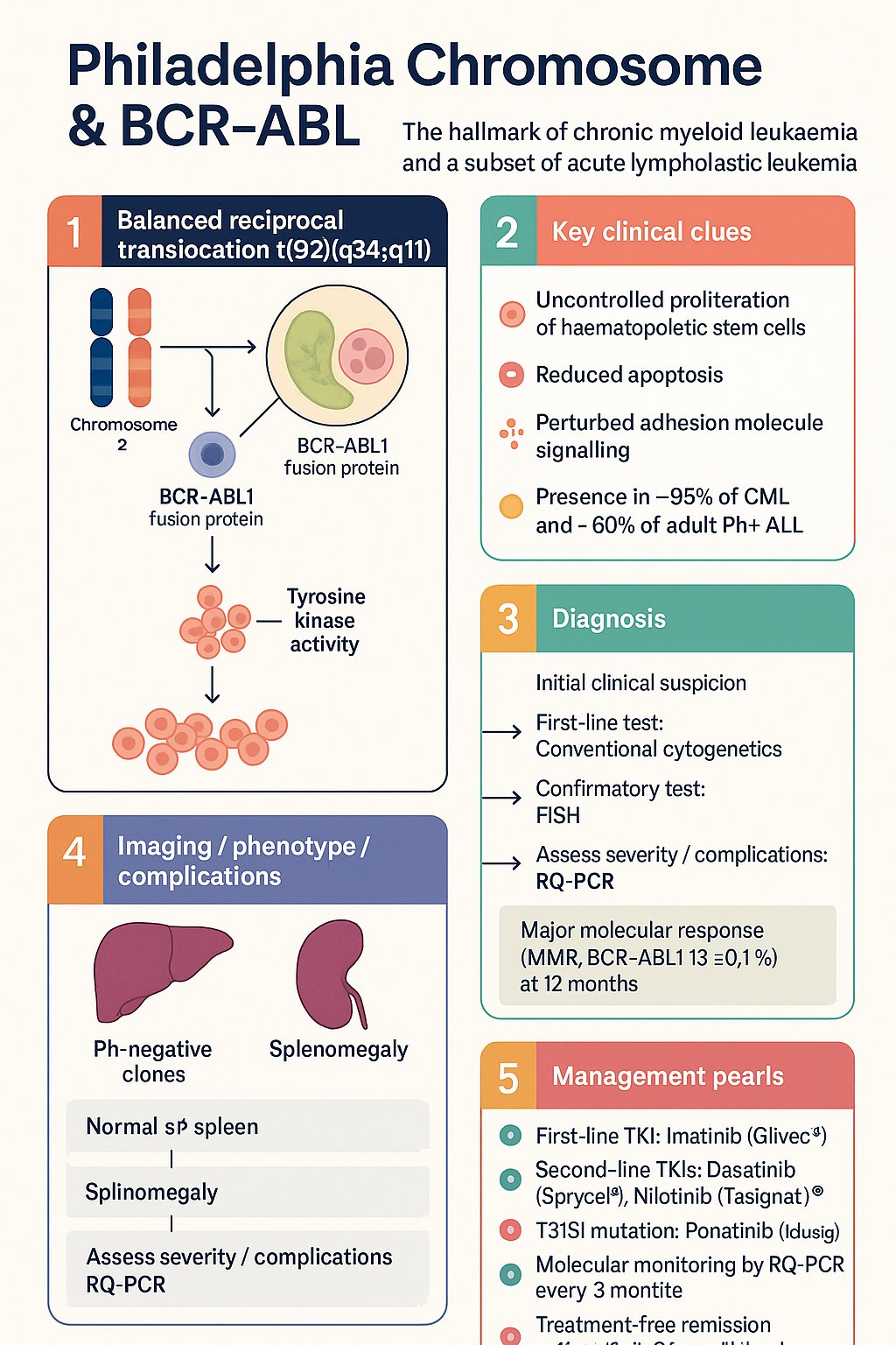 Philadelphia Chromosome & BCR-ABL clinical infographic — pathophysiology, clinical clues, diagnosis, imaging, and management