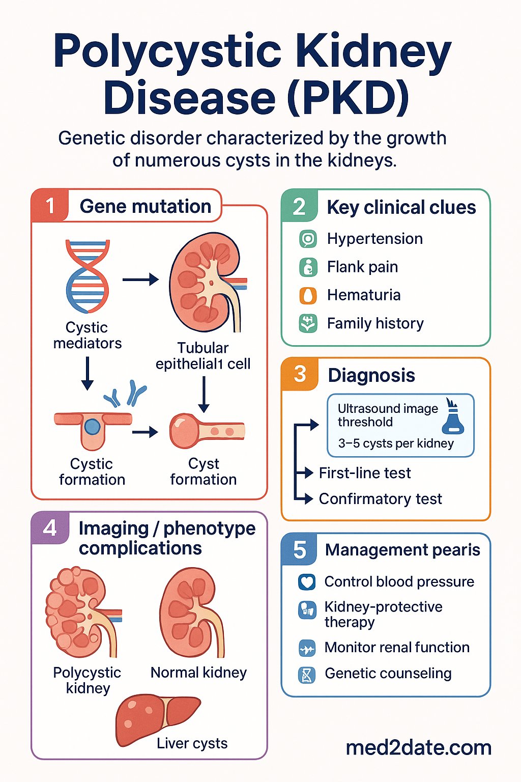 Polycystic Kidney Disease (PKD) clinical infographic — pathophysiology, clinical clues, diagnosis, imaging, and management
