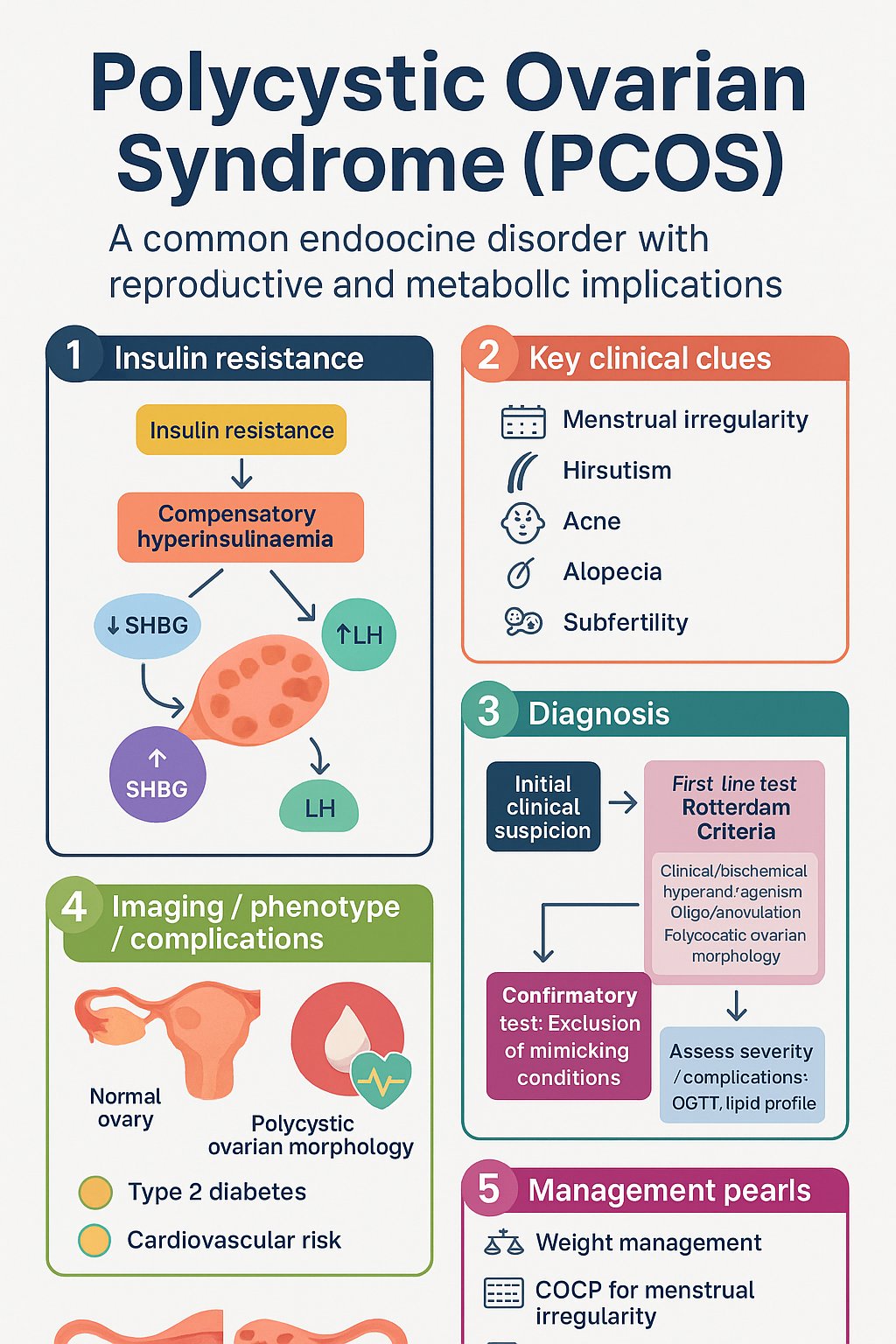 Polycystic Ovarian Syndrome (PCOS) clinical infographic — pathophysiology, clinical clues, diagnosis, imaging, and management