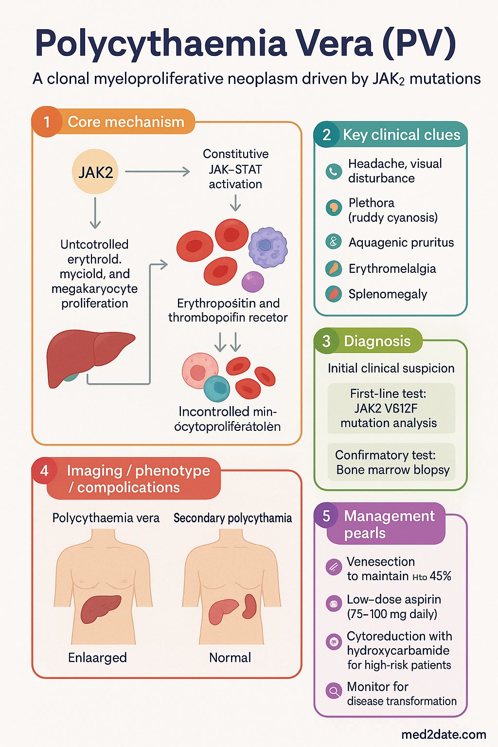 Polycythaemia Vera (PV) clinical infographic — pathophysiology, clinical clues, diagnosis, imaging, and management