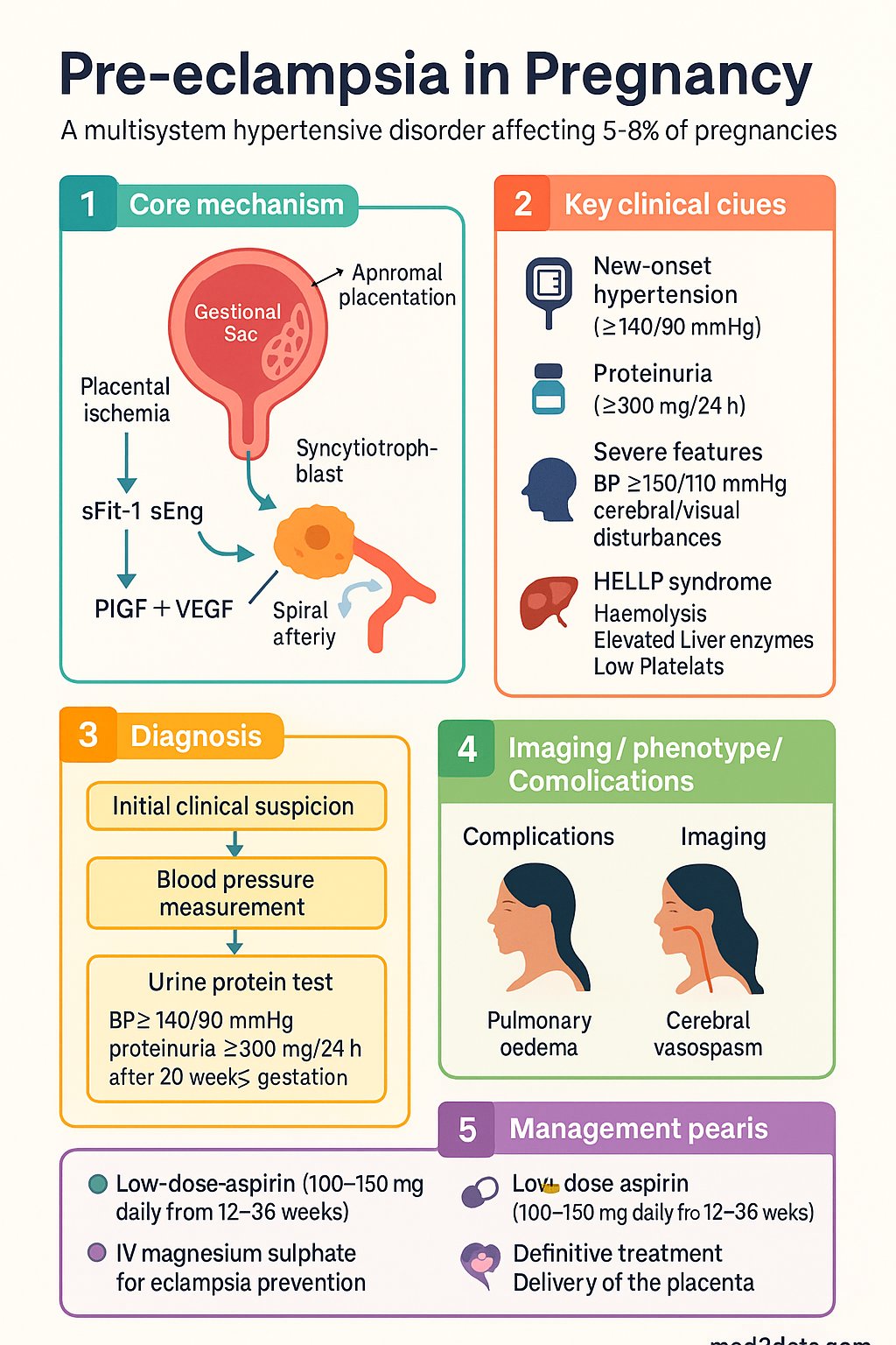 Pregnancy & Renal Disease (Pre-eclampsia) clinical infographic — pathophysiology, clinical clues, diagnosis, imaging, and management