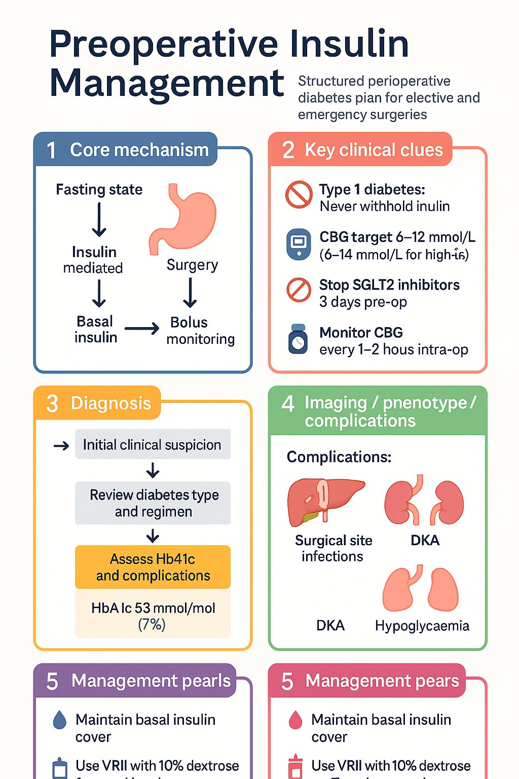 Preoperative Insulin Management clinical infographic — pathophysiology, clinical clues, diagnosis, imaging, and management
