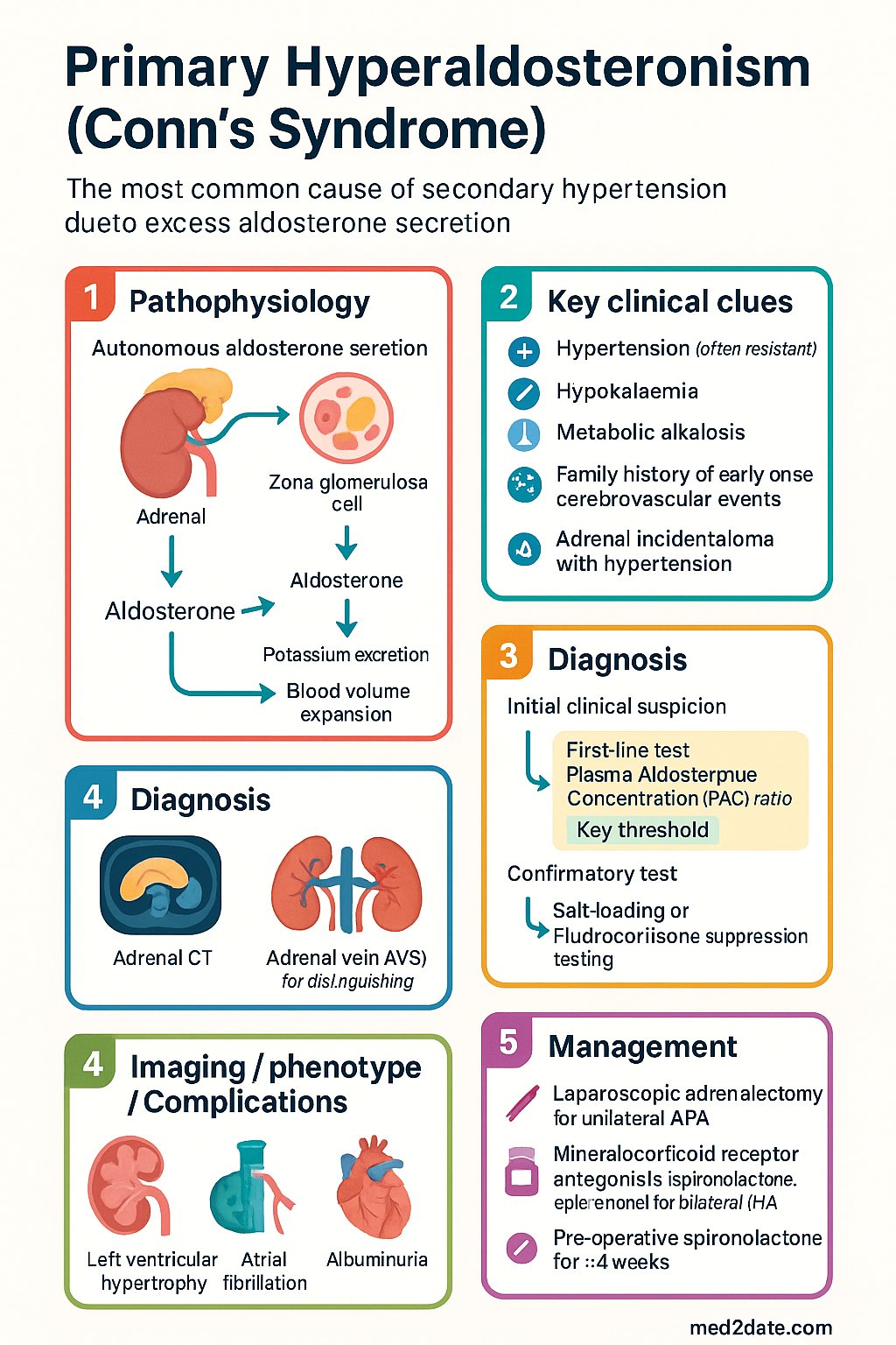 Primary Hyperaldosteronism (Conn's Syndrome) clinical infographic — pathophysiology, clinical clues, diagnosis, imaging, and management