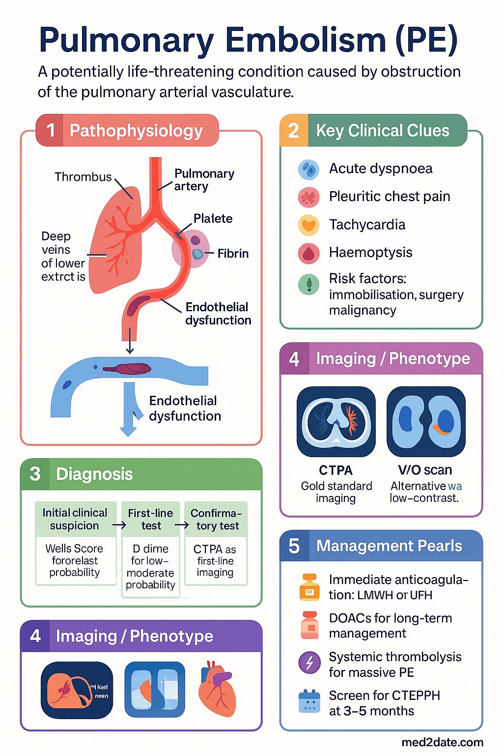 Pulmonary Embolism (PE) clinical infographic — pathophysiology, clinical clues, diagnosis, imaging, and management