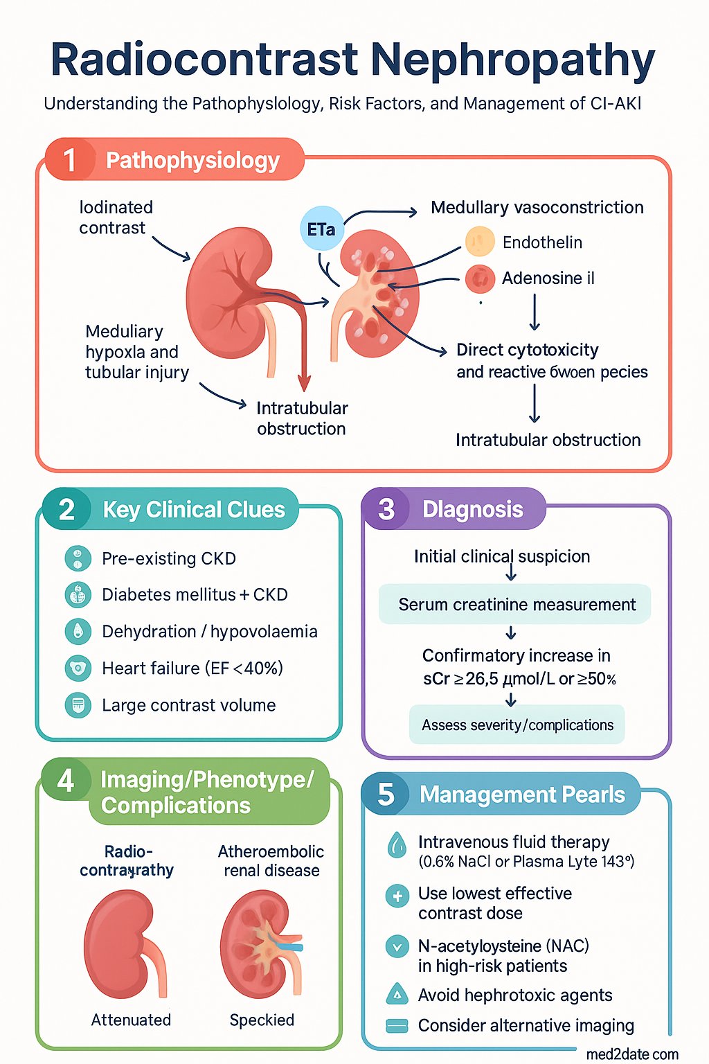 Radiocontrast Nephropathy clinical infographic — pathophysiology, clinical clues, diagnosis, imaging, and management
