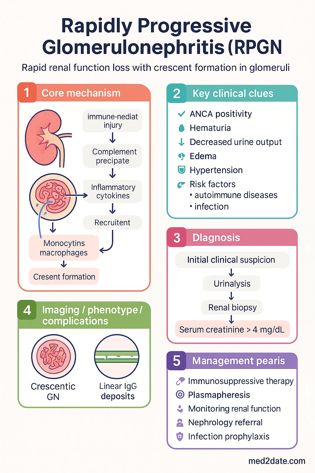 Rapidly Progressive GN (RPGN) – Crescentic GN clinical infographic — pathophysiology, clinical clues, diagnosis, imaging, and management