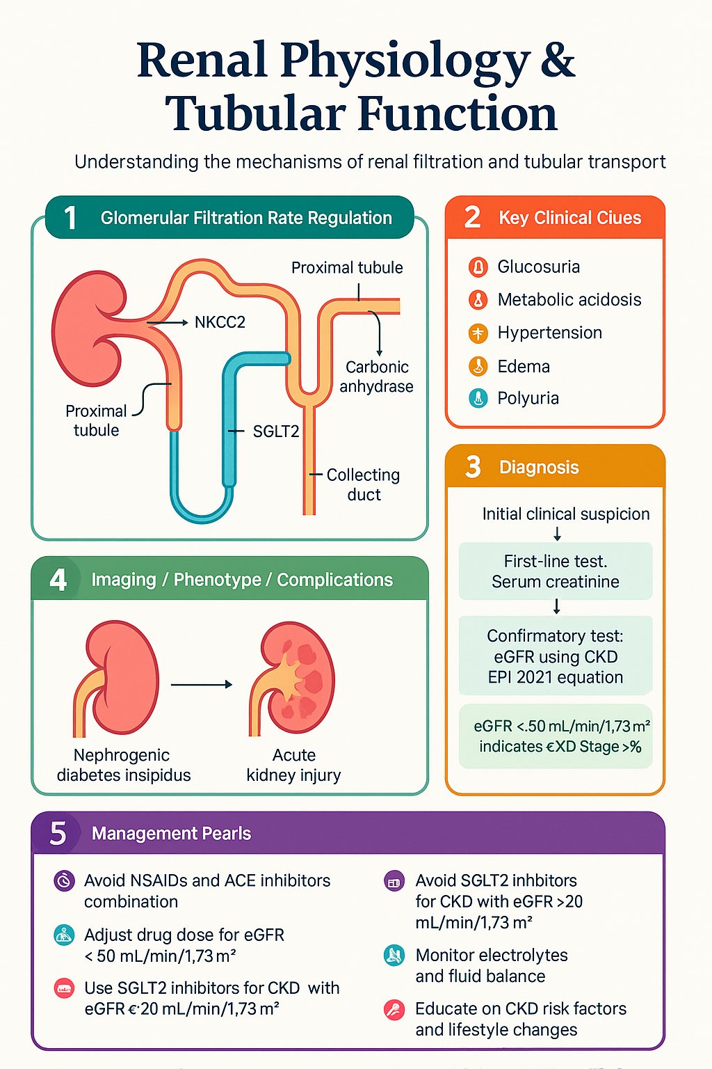 Renal Physiology & Tubular Function clinical infographic — pathophysiology, clinical clues, diagnosis, imaging, and management