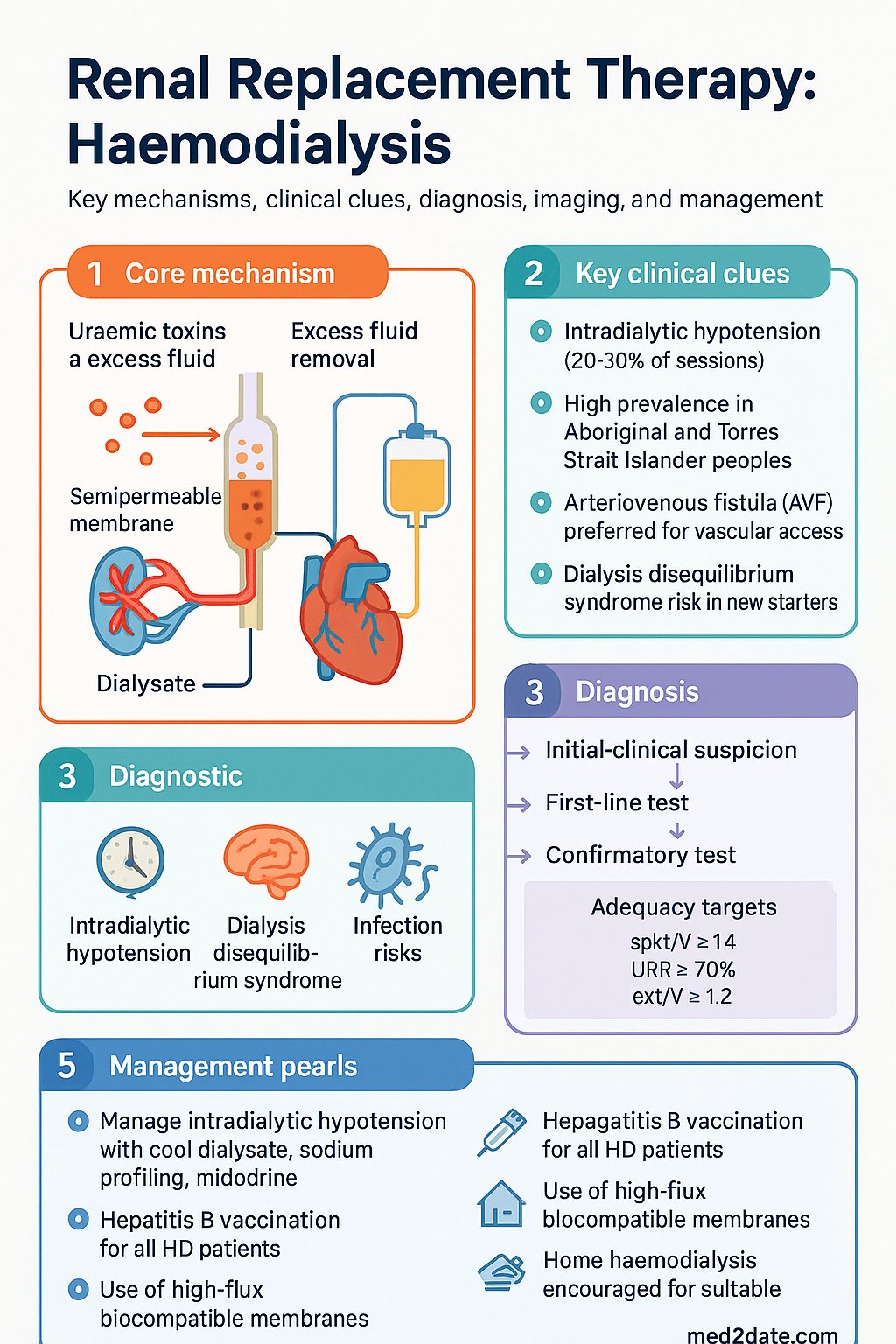 Renal Replacement Therapy: Haemodialysis clinical infographic — pathophysiology, clinical clues, diagnosis, imaging, and management
