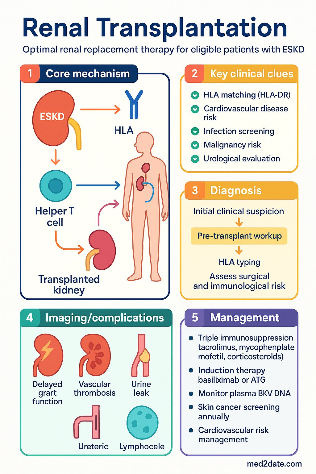 Renal Transplantation clinical infographic — pathophysiology, clinical clues, diagnosis, imaging, and management