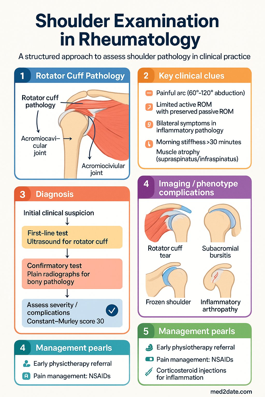 Shoulder Examination in Rheumatology clinical infographic — pathophysiology, clinical clues, diagnosis, imaging, and management