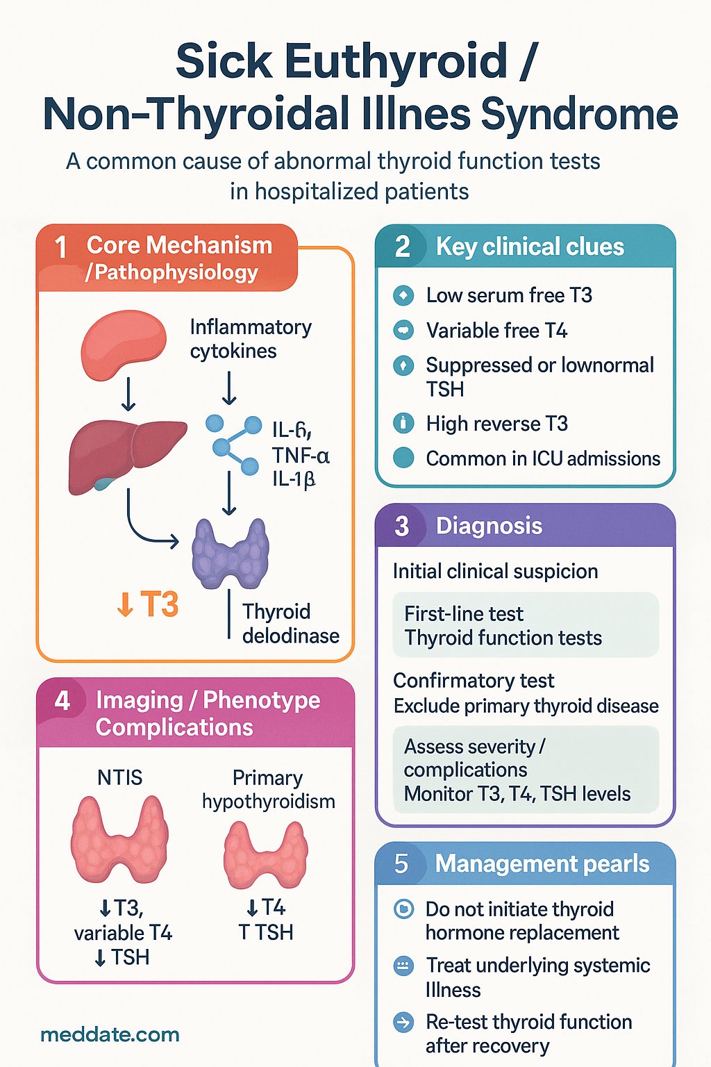 Sick Euthyroid / Non-Thyroidal Illness Syndrome clinical infographic — pathophysiology, clinical clues, diagnosis, imaging, and management
