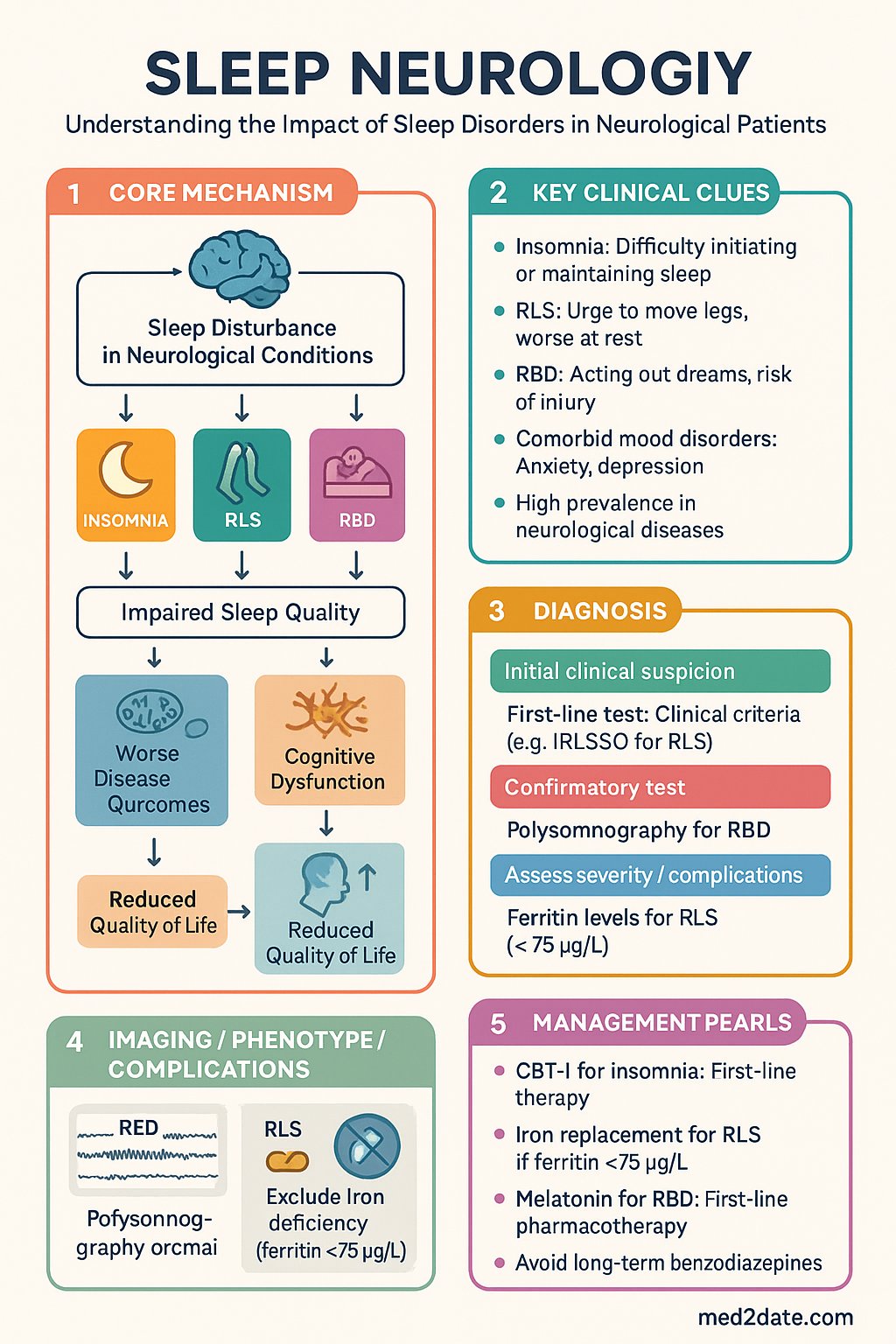 Sleep Neurology clinical infographic — pathophysiology, clinical clues, diagnosis, imaging, and management