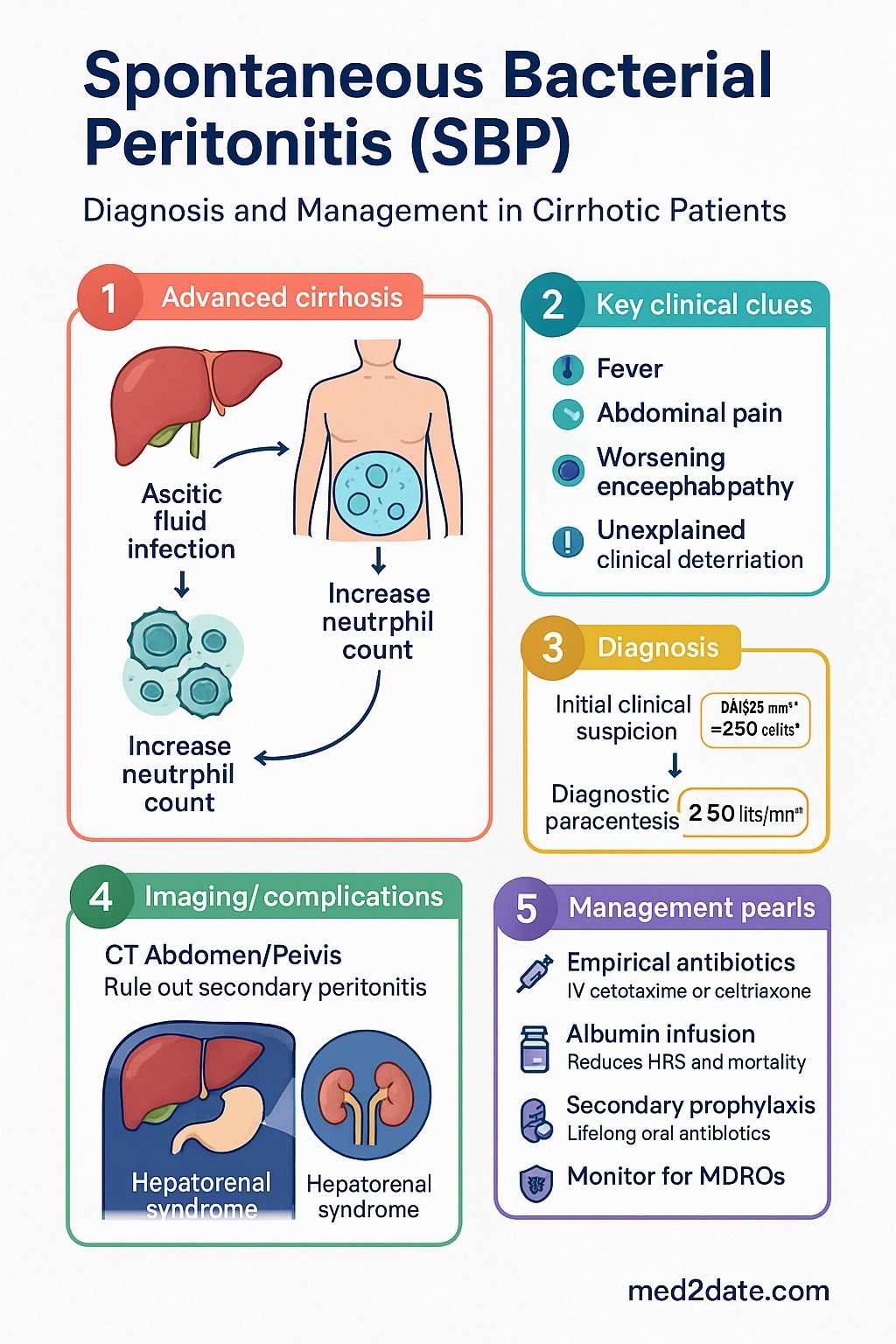 Spontaneous Bacterial Peritonitis (SBP) clinical infographic — pathophysiology, clinical clues, diagnosis, imaging, and management
