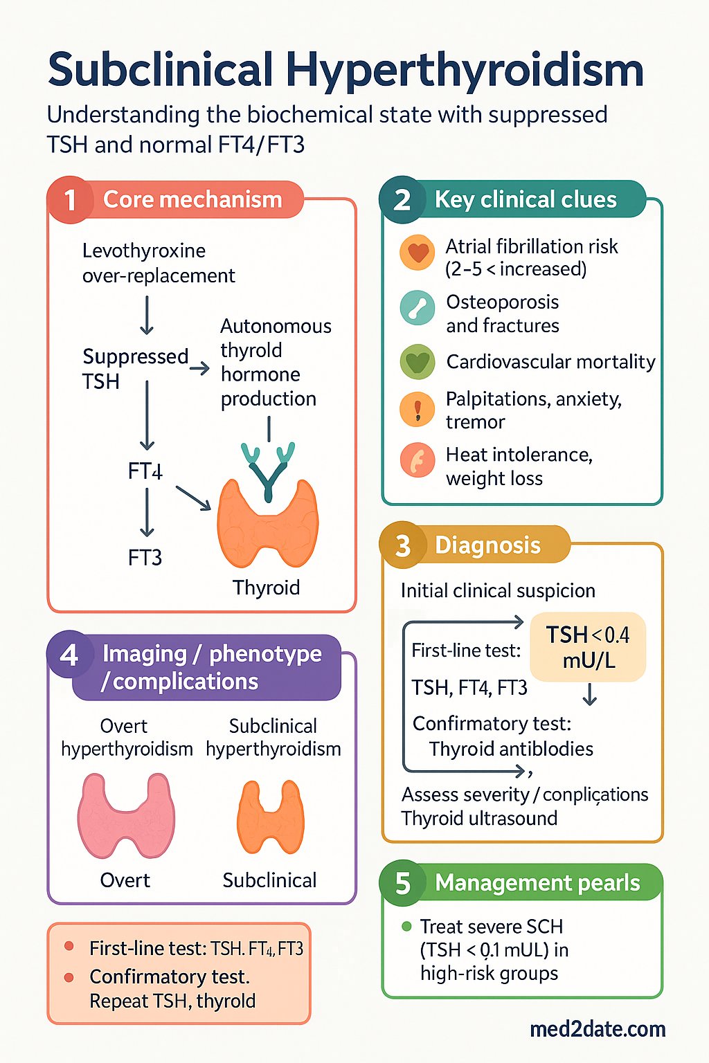 Subclinical Hyperthyroidism clinical infographic — pathophysiology, clinical clues, diagnosis, imaging, and management