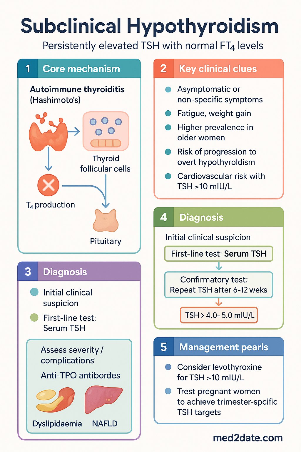 Subclinical Hypothyroidism clinical infographic — pathophysiology, clinical clues, diagnosis, imaging, and management